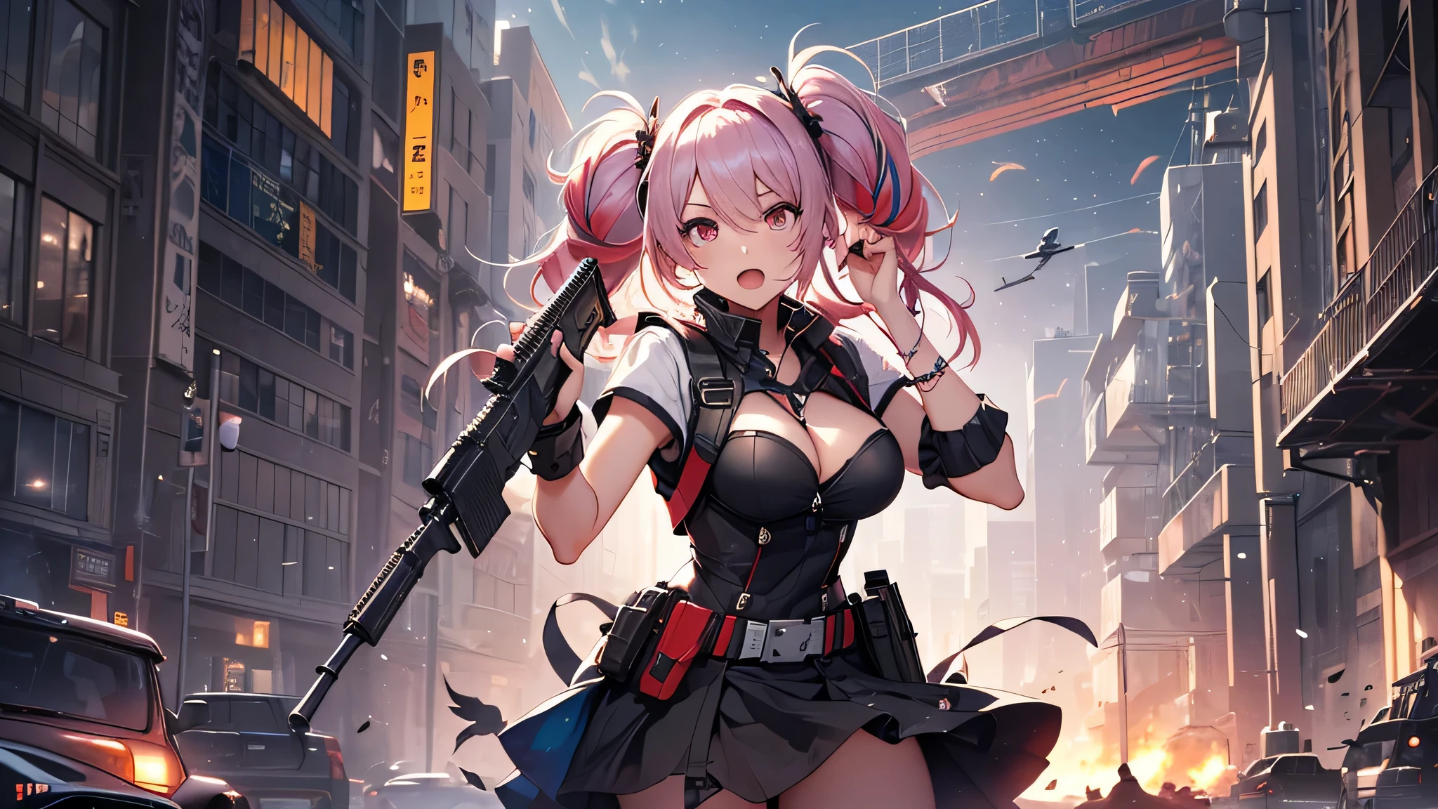 最high quality、best image quality、masterpiece、teenage girl((18-year-old、 By becoming、vest bust、medium bust,wide open breast tea、black eye, pink hAria、twin tails、thin,highest valley、red mechanic dress、Holds an assault rifle in the right hand、Glowing red wings,Aria、splatters、shooting pose、scream、holds a shotgun in left hand)),high quality、beautiful art、background((outer space、battlefield、splattersing beams、military base))瓦礫がsplatters、Depth of written boundary、movie、visual art、perfect art、8K,genuine