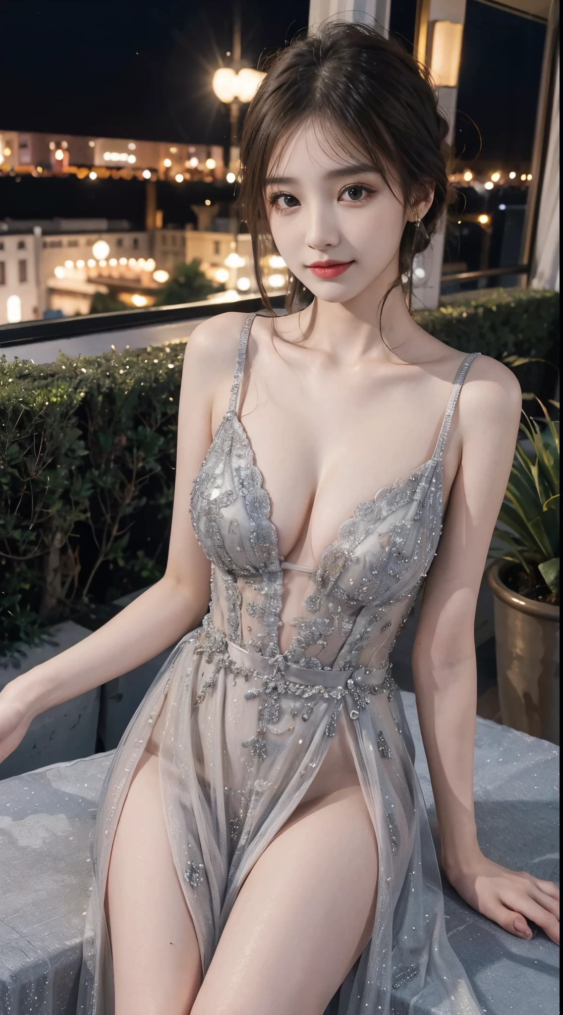 long dress,dress, ((yushuxin,1girl,solo)), (knee shot),Prology: (8k、ultra high resolution、Top image quality、masterpiece:1.1)、(Endless realism、Realism:1.1)、Super detailed的、bloom、Bokeh自由度、electric light、brilliance、美丽细致的Eye睛、a smile、(Whole BodyEsbian:1.1), hair长度齐肩,heart - shaped face(face)、杏仁Eye(Eye)、straight nose bridge(nose)、(Fashion)、luxurious hotel(Pola) Brown shoulder-length hairstyle(hair)、(8k、ultra high resolution、top quality、masterpiece:1.1)、(Endless realism、Realism:1.1)、Super detailed、Bokeh、movie lighting、brilliance、black rangoli、original photo,Generate an image taken from a slightly farther distance from the subject Generate an image from an angle where the subject is not too far from the camera Generate an image with a background、Attract the subject Adjust the proportion and size of the subject、express emotions that appeal to certain features or facial expressions of the subject、emphasize tension、(medium breasts:0.2) top quality、ultra high resolution、(Realism:1.4)、slim、Facial details are more delicate、smooth skin、perfect anatomy、overlooking a city、night、professional lighting、Shopping mall rooftop café、sexy pose、porn pose、Posing a gravure idol