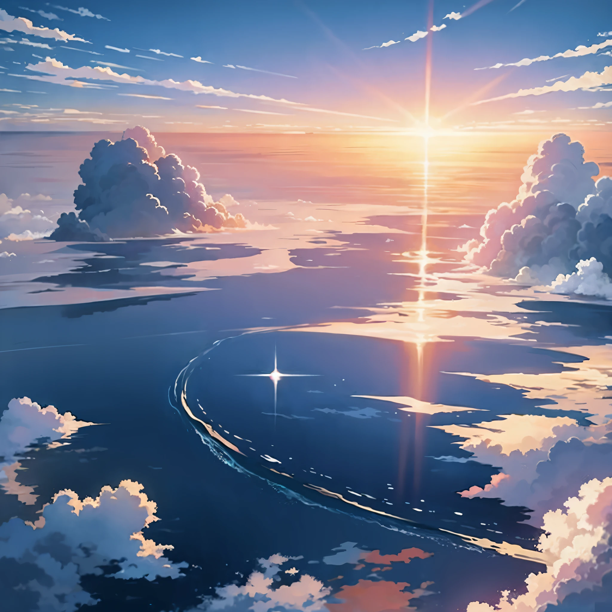 ocean，Big clouds on the water，The sun is on the horizon，Cartoon anime style，extremely lush detail