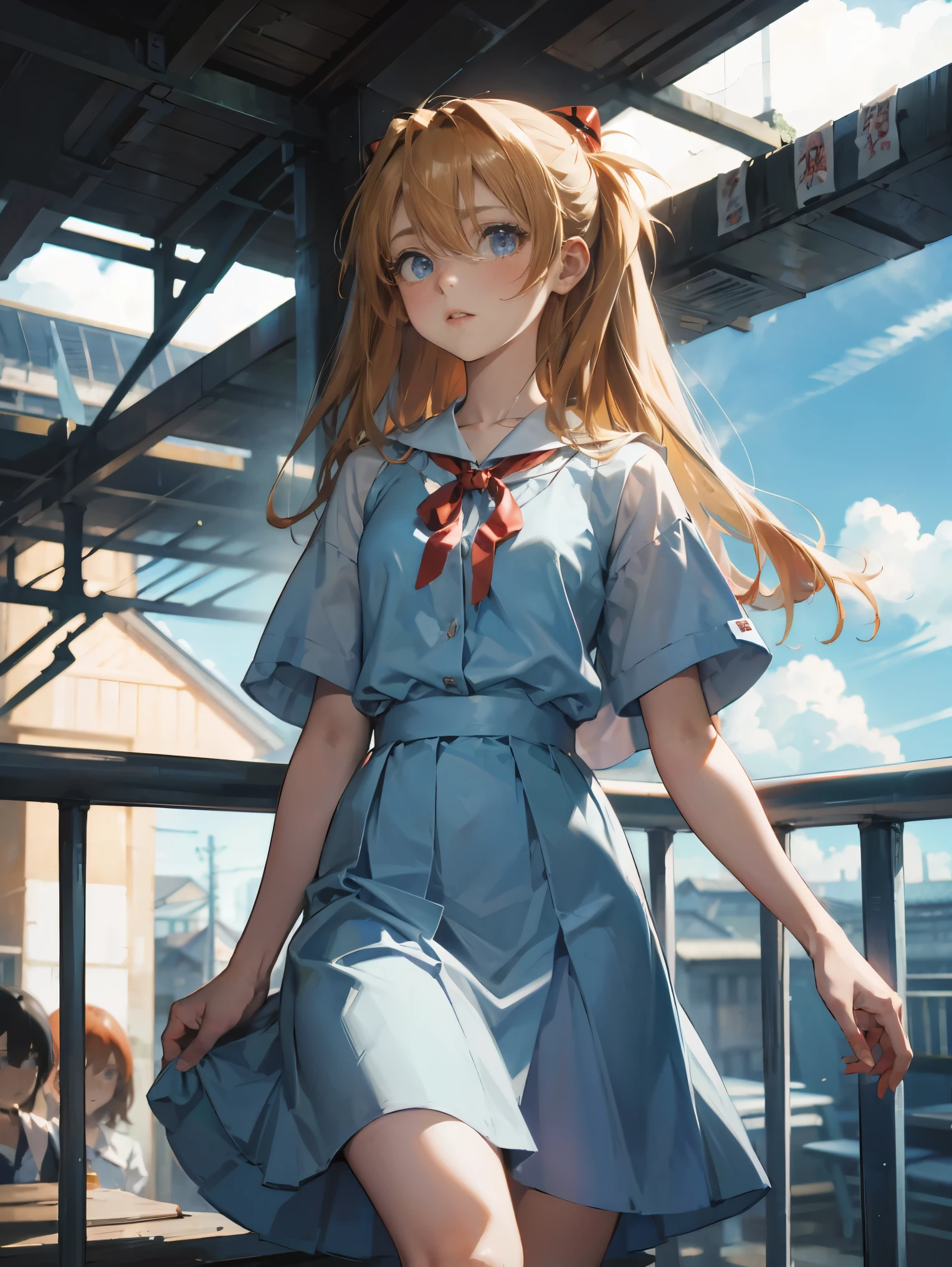 Asuka Langley Soryu，Blue eyes，hair between eyes，headware，Interface headset，Orange hair，Red ribbon、Ribbons、shcool uniform、skirts、Slip dress、Slip dress、Tokyo No. 3 Junior High School uniform、album artwork，Storytelling images