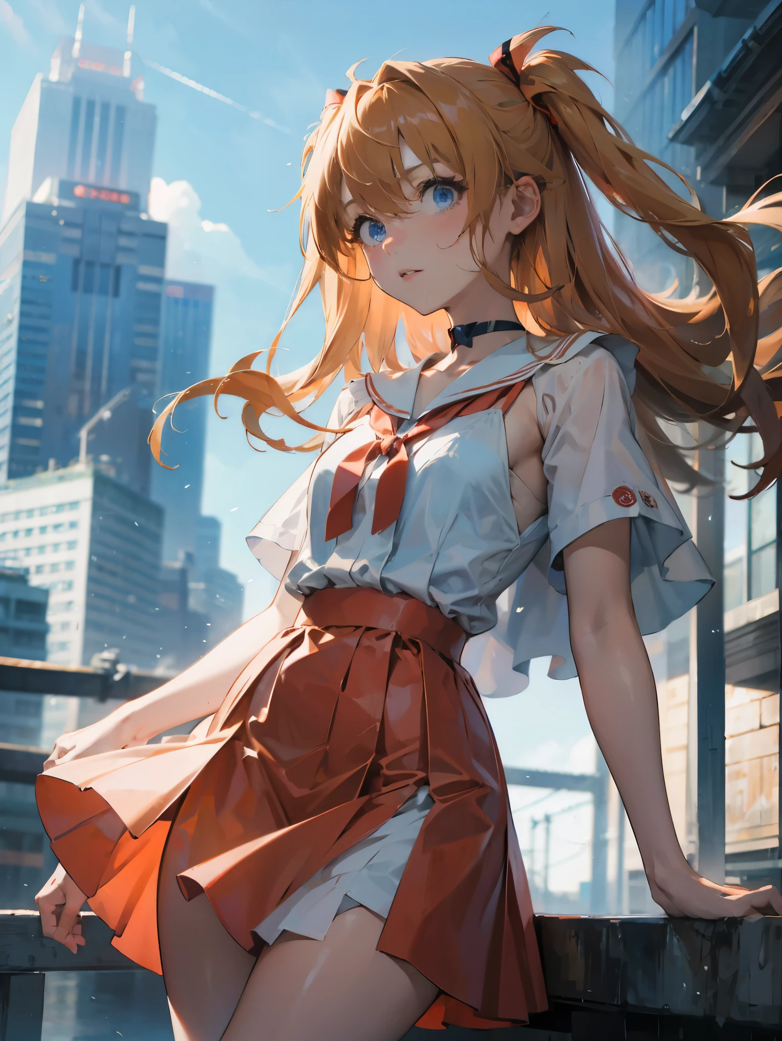 Asuka Langley Soryu,Blue eyes,hair between eyes,headware,Interface headset,Orange hair,Red ribbon、Ribbons、shcool uniform、skirts、Slip dress、Slip dress、Tokyo No. 3 Junior High School uniform、album artwork,Storytelling images