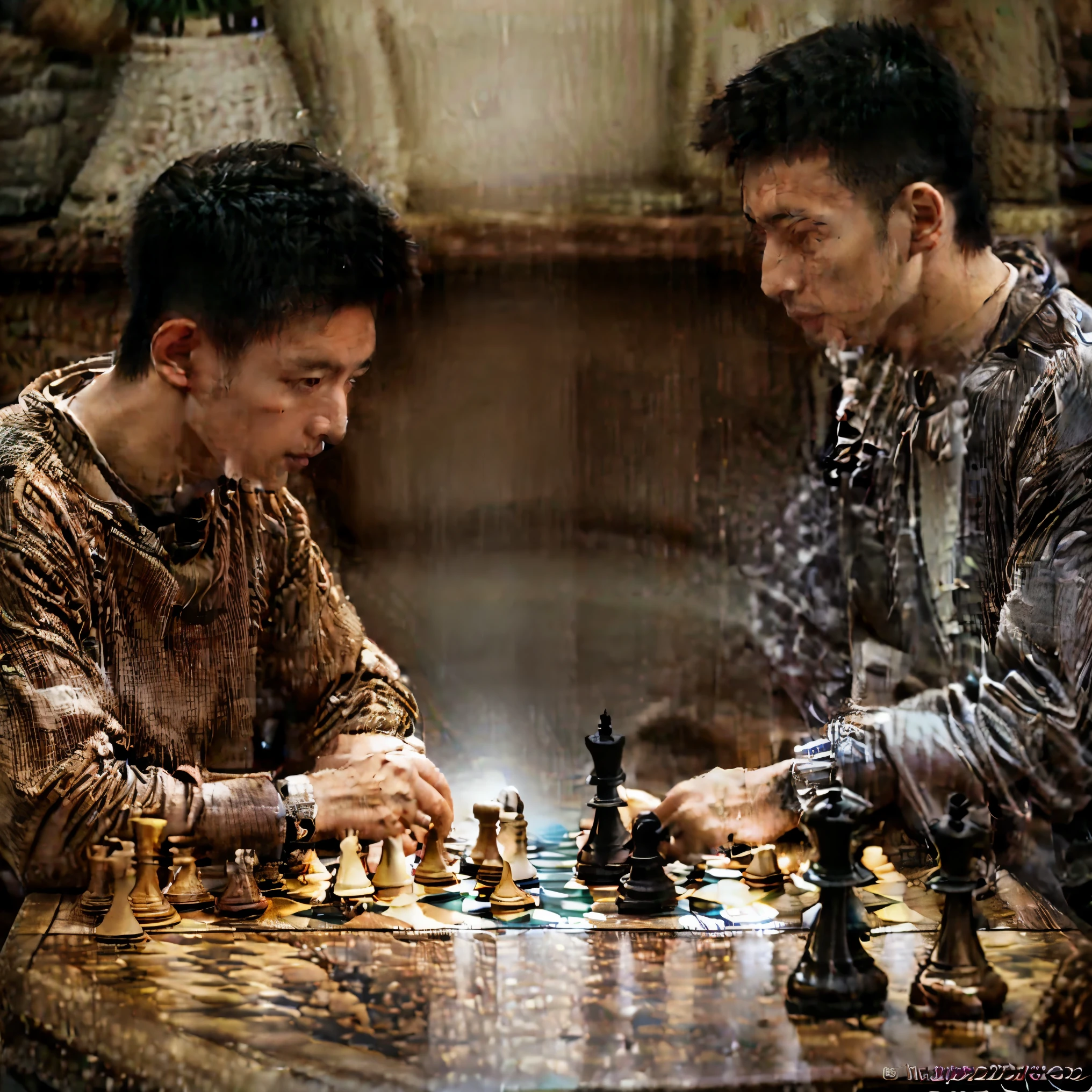 (Two men playing chess games in championship tournament 2017),detailed chess pieces chessboard,competitive atmosphere,intense concentration,grandmaster level players,strategic maneuvers,expert moves,analyzing positions,competing for the title,impressive chess skills,mental agility and focus,world-class competition,Norwegian chess prodigy,visually stunning,highly realistic rendering,professional studio lighting,vivid colors,masterpiece:1.2,ultra-detailed,highest image quality,sharp focus,physically-based rendering,bokeh,classic black and white pieces,wooden chessboard,silent anticipation,precision and accuracy,strategic thinking,pressure and tension,reflective expressions,mental duel,intense suspense,gentle lighting emphasizes the chessboard,subtle shadows,impressive depth of field,subdued color harmony,subtle tonal variations,moody atmosphere,highlighting the historic tournament setting,packed crowd in the background,whispered discussions among spectators,professionalism and sportsmanship,culmination of years of practice and dedication,chess pieces poised for action,meticulous attention to detail.