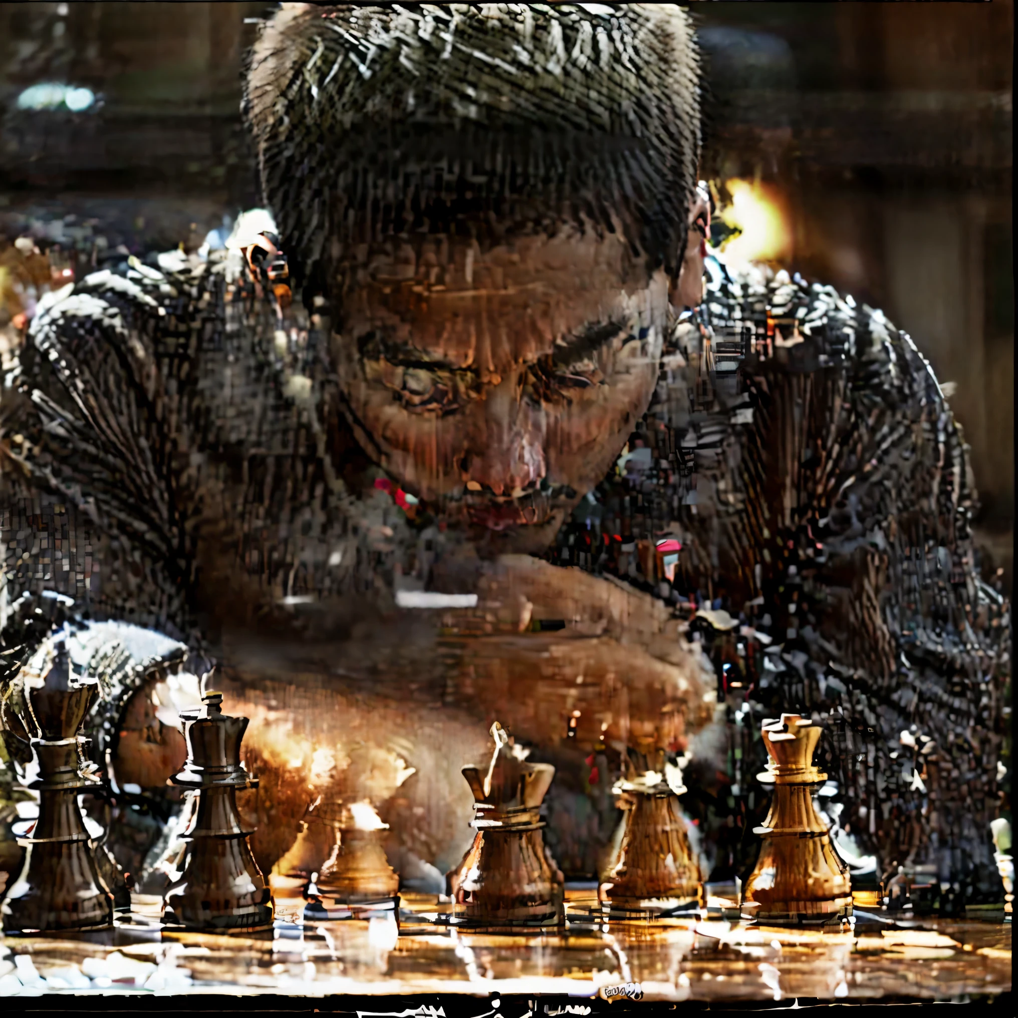 (Two men playing chess games in championship tournament 2017),detailed chess pieces chessboard,competitive atmosphere,intense concentration,grandmaster level players,strategic maneuvers,expert moves,analyzing positions,competing for the title,impressive chess skills,mental agility and focus,world-class competition,Norwegian chess prodigy,visually stunning,highly realistic rendering,professional studio lighting,vivid colors,masterpiece:1.2,ultra-detailed,highest image quality,sharp focus,physically-based rendering,bokeh,classic black and white pieces,wooden chessboard,silent anticipation,precision and accuracy,strategic thinking,pressure and tension,reflective expressions,mental duel,intense suspense,gentle lighting emphasizes the chessboard,subtle shadows,impressive depth of field,subdued color harmony,subtle tonal variations,moody atmosphere,highlighting the historic tournament setting,packed crowd in the background,whispered discussions among spectators,professionalism and sportsmanship,culmination of years of practice and dedication,chess pieces poised for action,meticulous attention to detail.