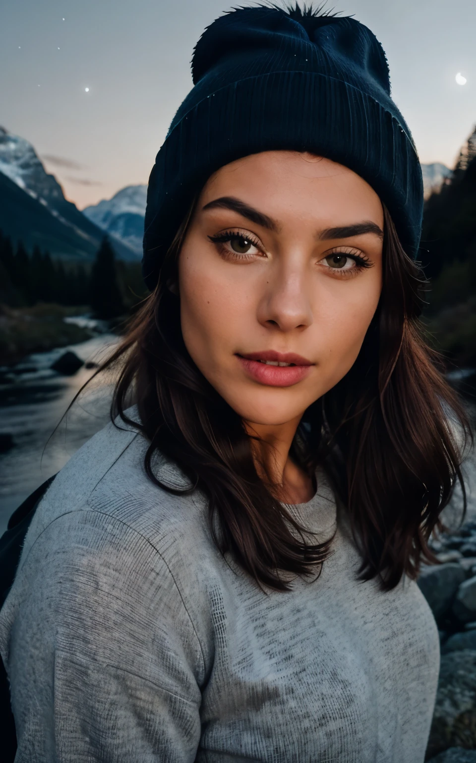 photorealistic, best quality, hyper detailed, beautiful woman, selfie photo, upper body, solo, wearing pullover, outdoors, (night), mountains, real life nature, stars, moon, (cheerful, happy), sleeping bag, gloves, sweater, beanie, flashlight, forest, rocks, river, wood, smoke, fog, clear sky, analog style, looking at viewer, skin texture, film grain, close up, ultra high res, best shadow, RAW, instagram LUT