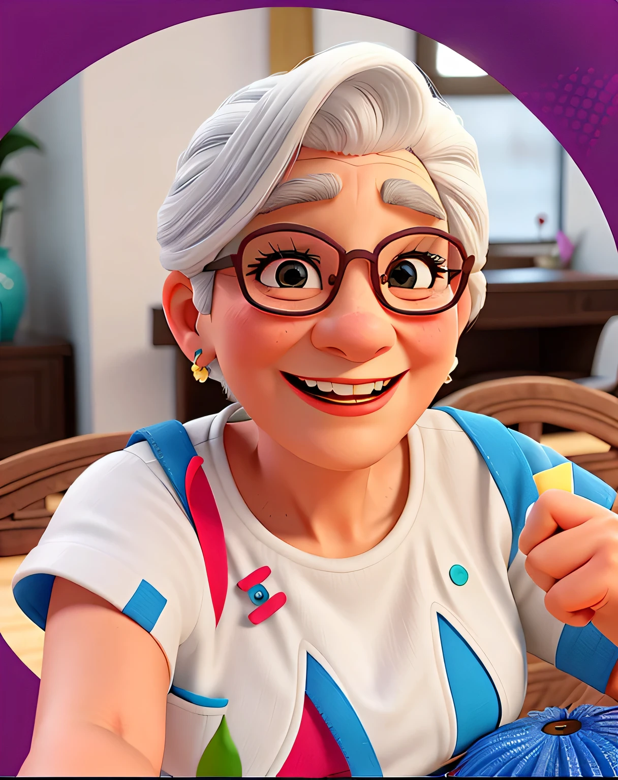Uma mulher de 80 anos, cabelo branco e curto, sorrindo usando uma mascara de carnaval nos olhos