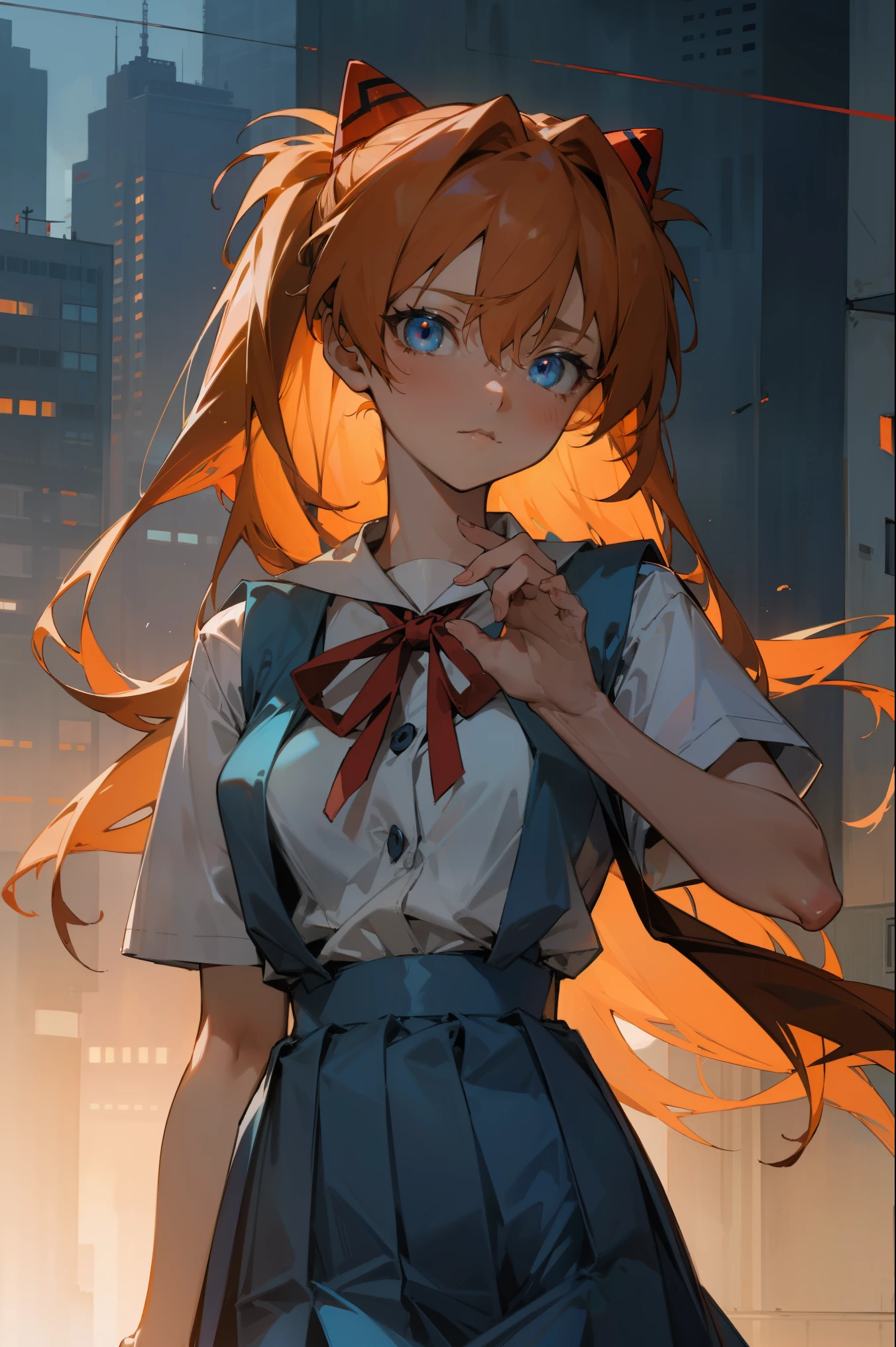 asukalangley, asuka langley soryu, blue eyes, hair between eyes, headgear, interface headset, orange hair,
BREAK red ribbon, ribbon, school uniform, skirt, suspender skirt, suspenders, tokyo-3 middle school uniform,
BREAK outdoors, city,
BREAK looking at viewer, BREAK (masterpiece:1.2), best quality, high resolution, unity 8k wallpaper, (illustration:0.8), (beautiful detailed eyes:1.6), extremely detailed face, perfect lighting, extremely detailed CG, (perfect hands, perfect anatomy),