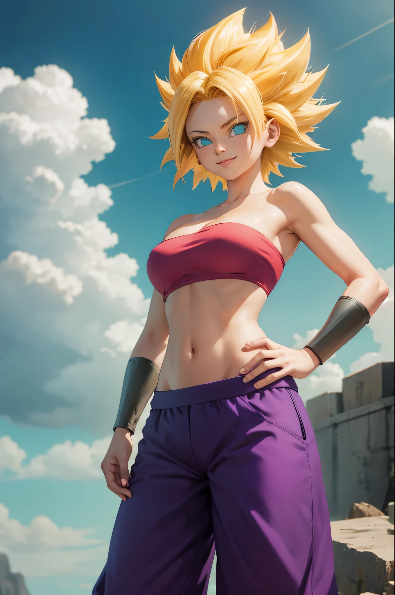 masterpiece, best quality,  ssjcaulifla, blonde hair, aqua eyes, tube top, purple pants, bracers, cowboy shot, looking at viewer, smile, furrowed brow, hands to hips, sky, clouds