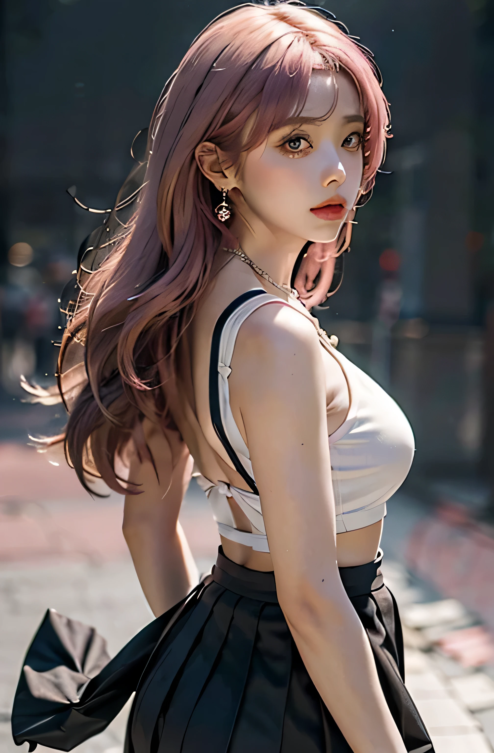 masterpiece, 1 girl, keep your back straight, faint smile, glowing skin, best quality, masterpiece, (realistic: 1.4), , pleated skirt, black stockings, blur background, (large aperture: 1.2), pink hair, necklace, earring