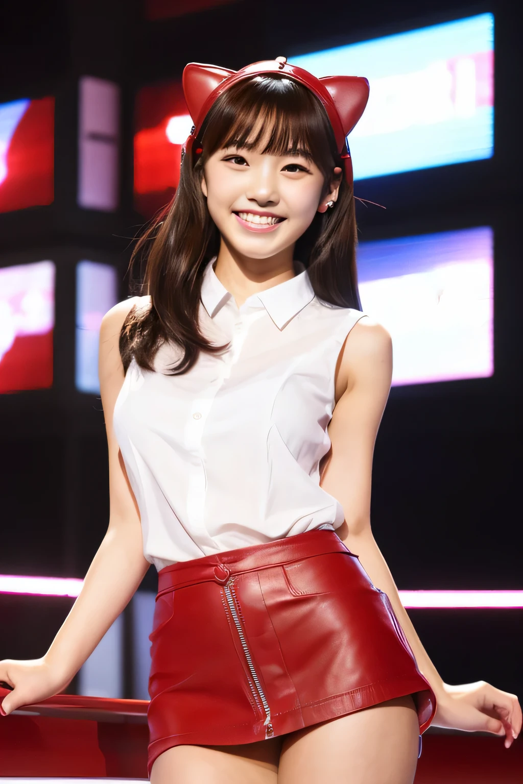 A Japanese beauty, 20 year old, cat ear accessories, smiling. a red leather tight miniskirt. a white sleeveless shirt. Draw so e that everything from her knees to her head fits on the screen.