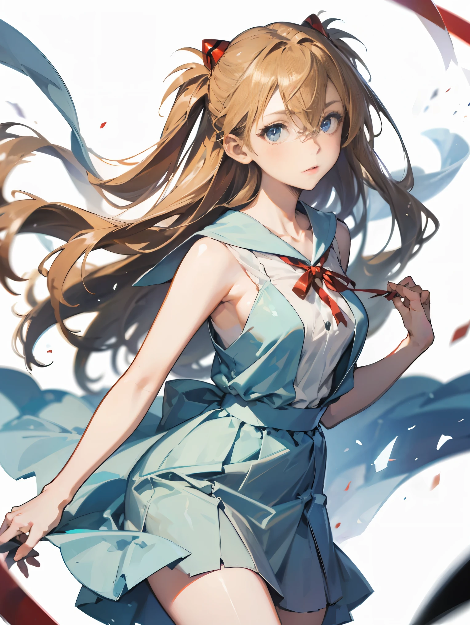 Asuka Langley Soryu，Blue eyes，hair between eyes，headware，Interface headset，Orange hair，Red ribbon、Ribbons、shcool uniform、skirts、Slip dress、Slip dress、Tokyo No. 3 Junior High School uniform、album artwork，Storytelling images