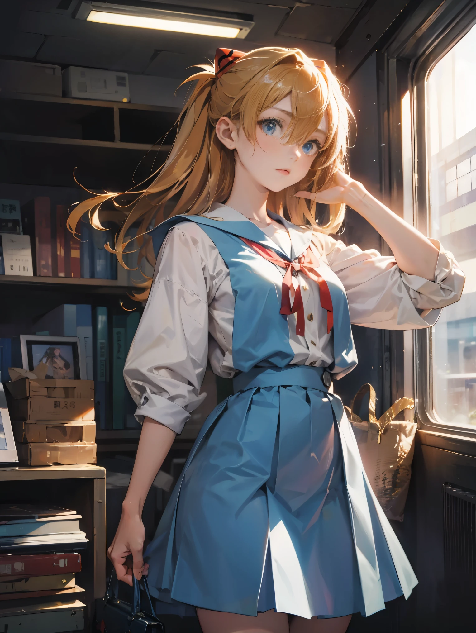 Asuka Langley Soryu，Blue eyes，hair between eyes，headware，Interface headset，Orange hair，Red ribbon、Ribbons、shcool uniform、skirts、Slip dress、Slip dress、Tokyo No. 3 Junior High School uniform、album artwork，Storytelling images