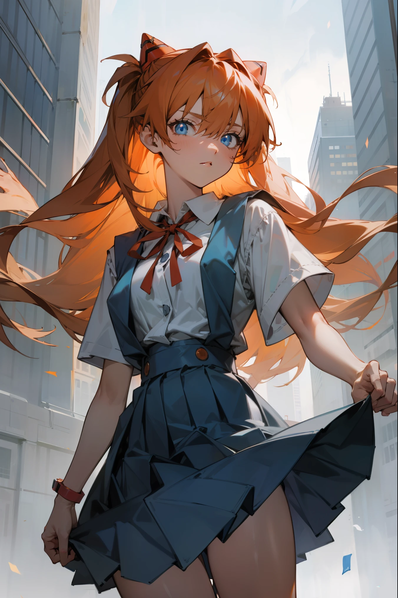 asukalangley, asuka langley soryu, blue eyes, hair between eyes, headgear, interface headset, orange hair,
BREAK red ribbon, ribbon, school uniform, skirt, suspender skirt, suspenders, tokyo-3 middle school uniform,
BREAK outdoors, city,
BREAK looking at viewer, BREAK (masterpiece:1.2), best quality, high resolution, unity 8k wallpaper, (illustration:0.8), (beautiful detailed eyes:1.6), extremely detailed face, perfect lighting, extremely detailed CG, (perfect hands, perfect anatomy),