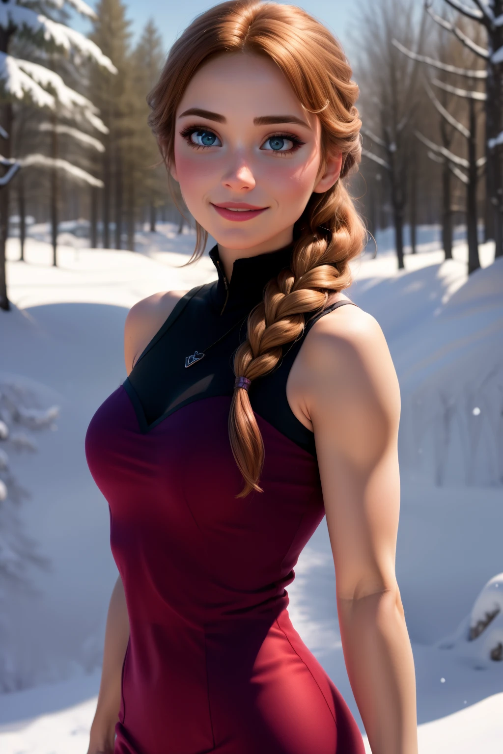 woman, ((Masterpiece, best quality)), detailed skin, highly detailed, cinematic lighting, ultra realistic, blush, looking at viewer,  anna, anna from frozen, princess, disney, brown hair, long hair, portrait, outdoor, snow, long hair, sports dress, gym look 
