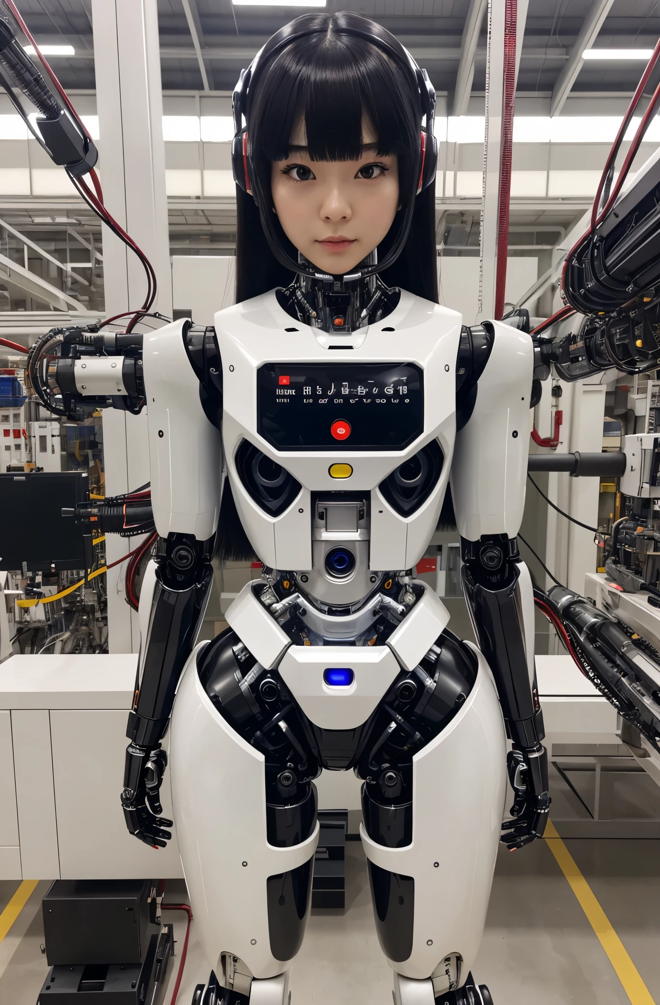 masterpiece, best quality, extremely detailed, Japaese android girl,Plump , control panels,android,Droid,Mechanical Hand, Robot arms and legs, Black hair,Blunt bangs,perfect robot girl,long tube,thick cable connected her neck,android,robot,humanoid,cyborg,japanese cyborg girl ,robot-assembly plant,She is assembling now,assembly scene