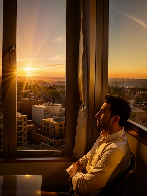 arafed man sitting in a chair looking out a window at the sunset, looking out at a sunset, sunset mood, looking at sunset, watching the sunset, looking out a window, during golden hour, lofi portrait at a window, looking off into the sunset, with a sunset, shot at golden hour, golden hour time, at golden hour, warm sundown