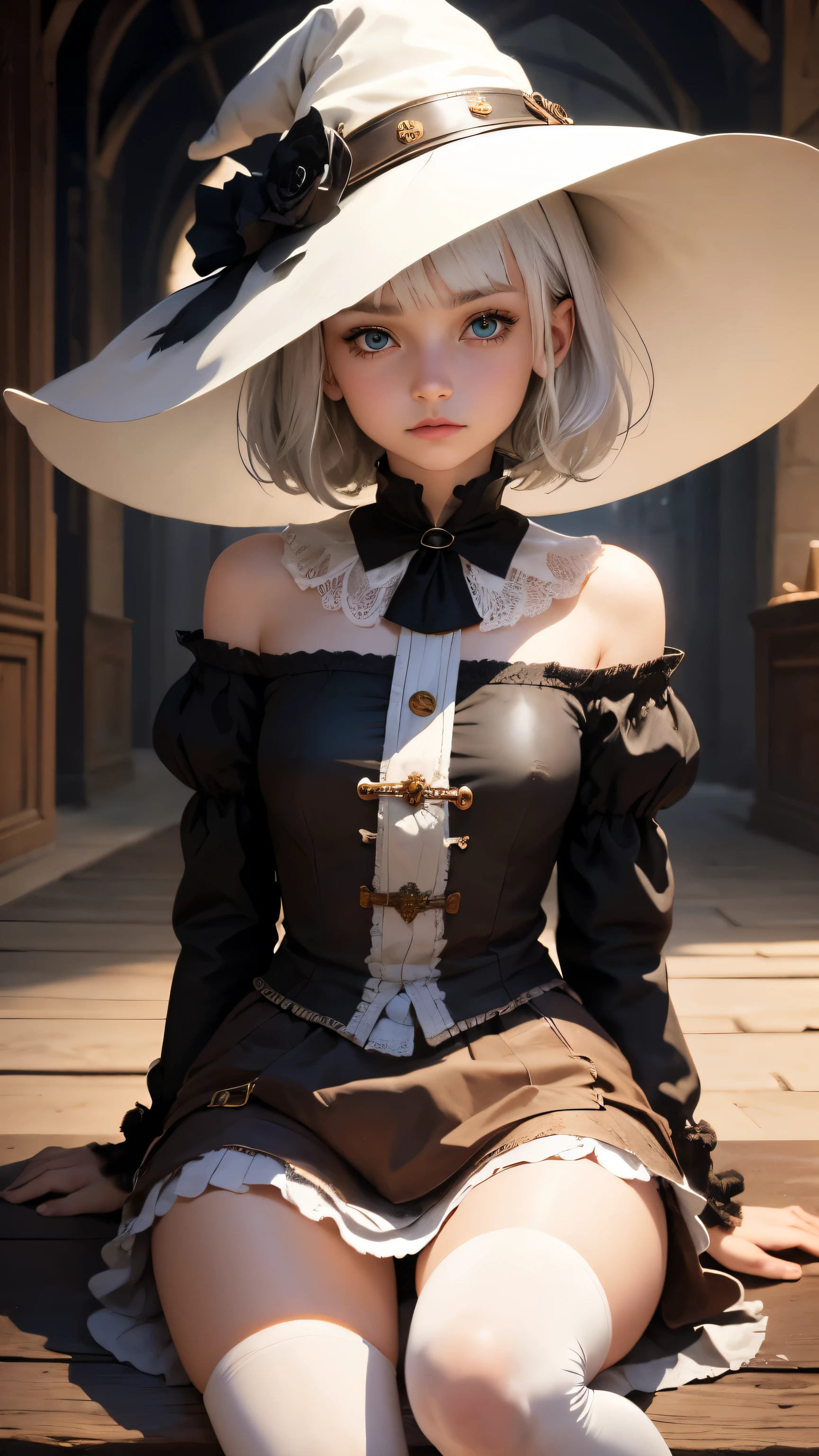 (pieces fly), (works of art), (Amazing work), (fine eyes), (delicate skin), (colorful eyes), (short white hair with bangs), (sparkling eyes), (1 girl) ,(small breasts),thin legs,With witch's hat, old, old, Wear extravagant medieval clothing, pieces fly, highest quality, The best Desinger, best illustrations,Pissing,Gonzo,full shot,knee socks