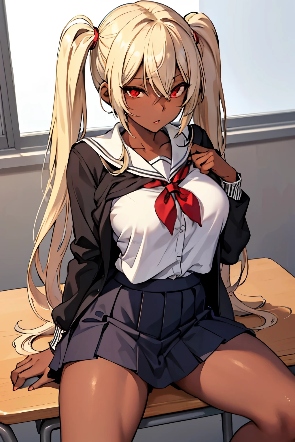 (masterpiece:1.2, best quality), 1lady, solo, school uniform, classroom, day, sit, blonde, twintails, red eyes, open collabone, darkskin, lifting skirt and showing pussy (open breasts:1.1),
