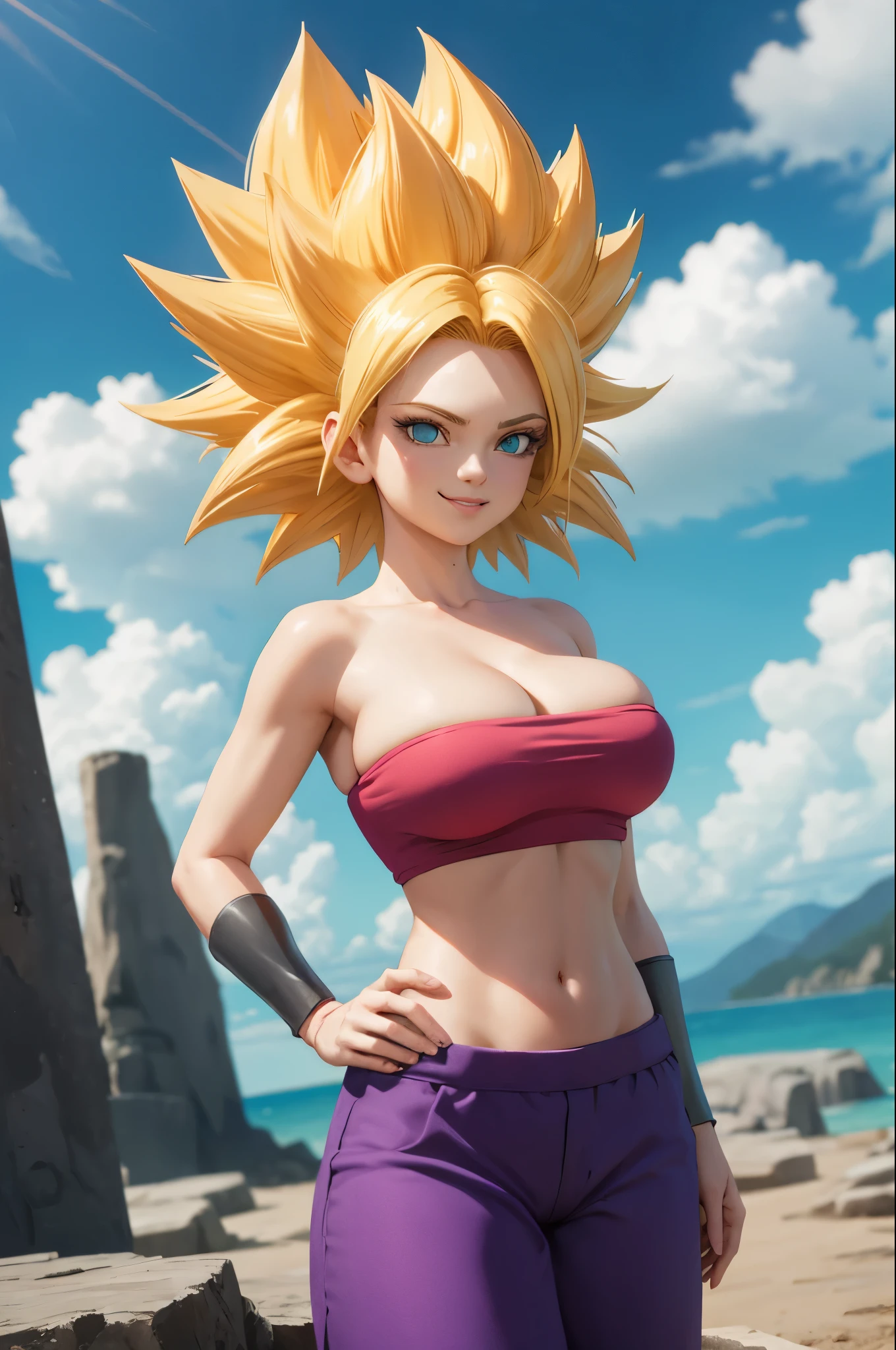 masterpiece, best quality,  ssjcaulifla, blonde hair, aqua eyes, tube top, purple pants, bracers, cowboy shot, looking at viewer, smile, furrowed brow, hands to hips, sky, clouds, big breasts