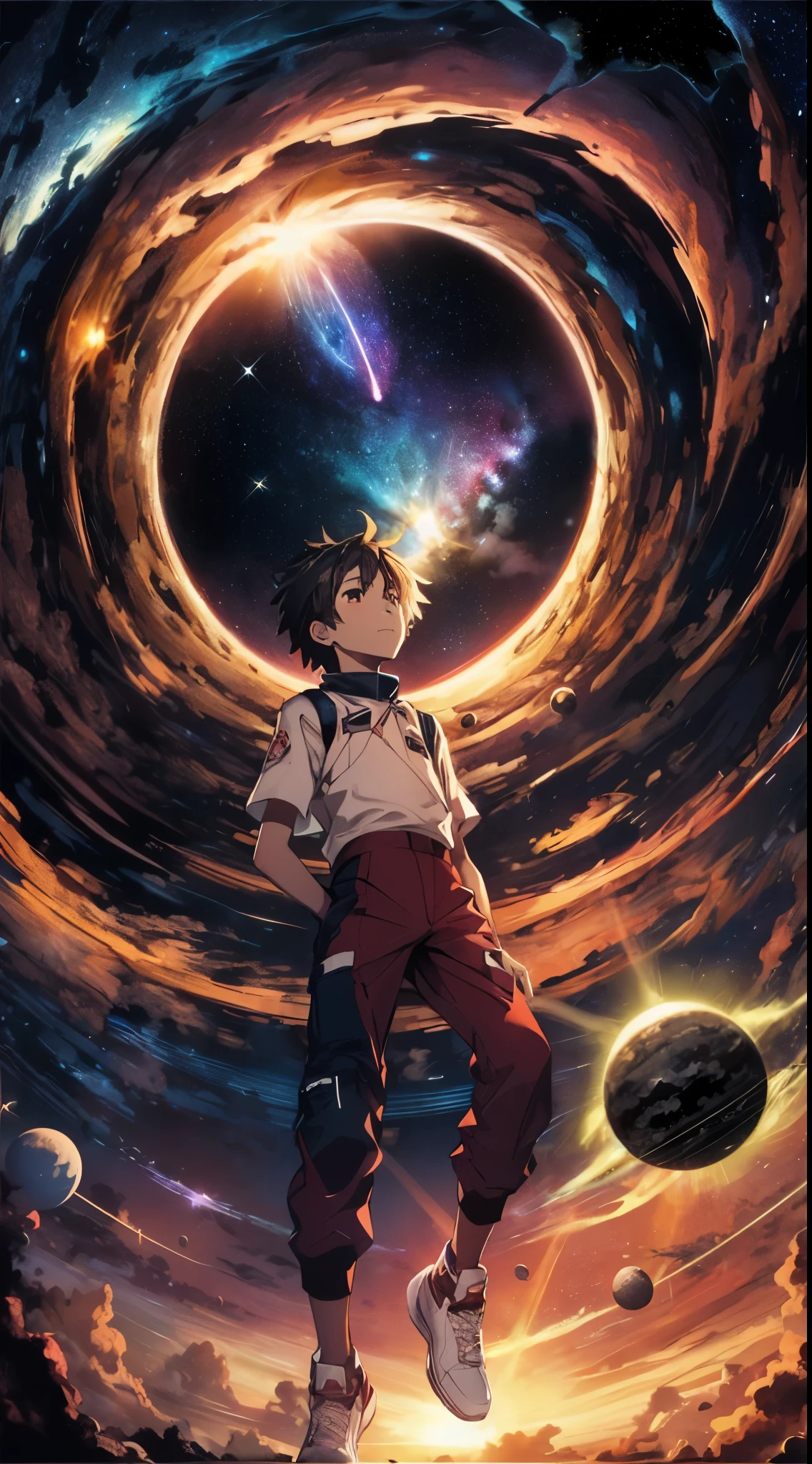 1girl, distant boy wearing a space outfit staring at the stars, (zoomed out:1.1), (meteor shower:1.2), (comet:1.1), your name, low angle, aroura borealis, shooting star, red outfit,best quality, masterpiece, cloud, colorful, starry, stars, black hole
