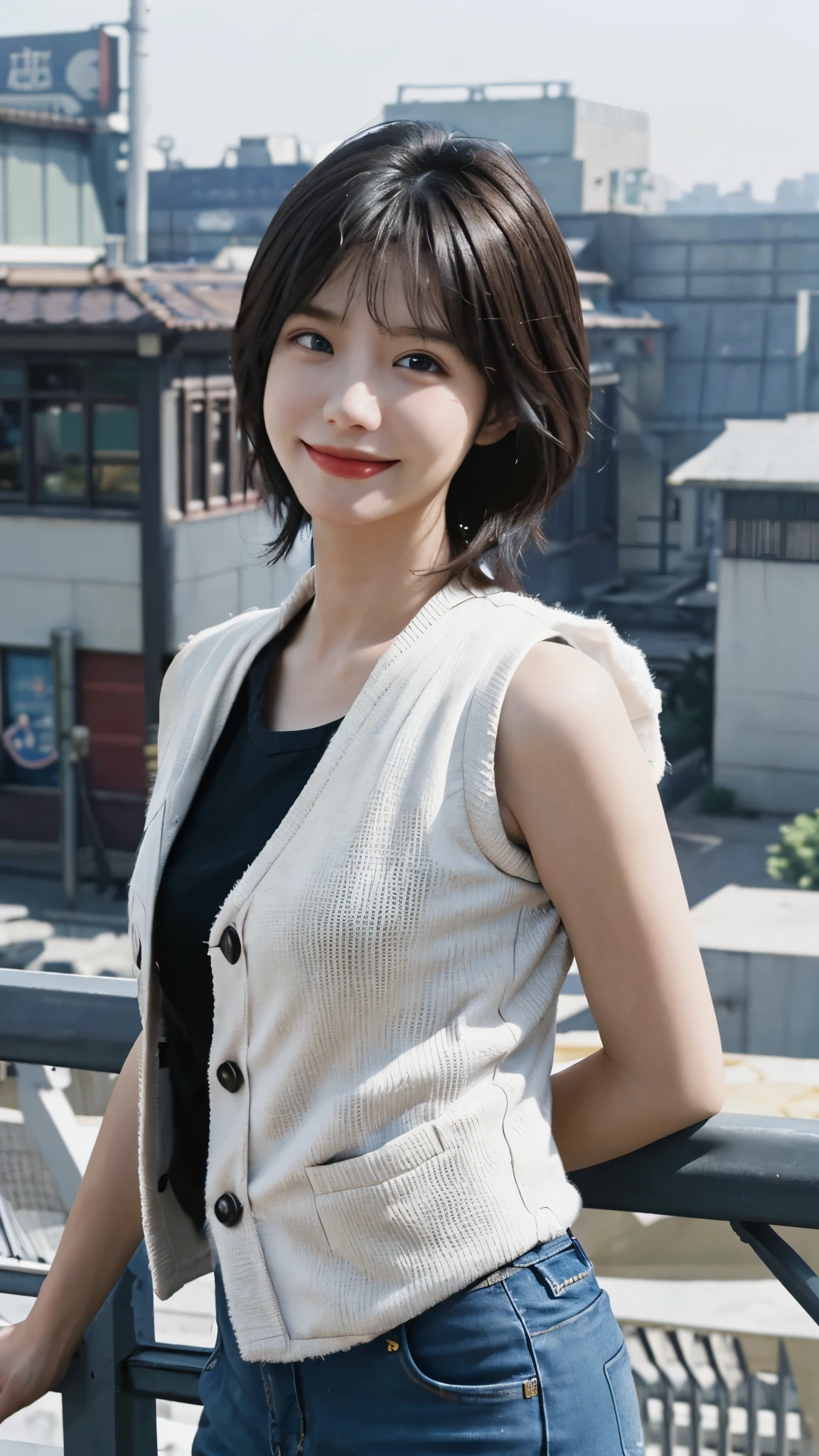 (raw, analog, Nikon Z 14mm ultra-wide lens, Award-winning glamor photos, ((best quality)), ((masterpiece)), ((actual)), skin pores, subsurface scattering, 辐射Light线, high resolution, detailed facial features, high detail, sharp focus, Light滑的, aesthetic, Very detailed, (Very detailed eyes, Very detailed iris), Very detailed hair, Very detailed skin, Very detailed clothes, octane rendering, photoactual, actual, post processing, Maximum details, actual shadows, Roughness, natural skin texture, real life, ultra-actual, photorealism, photography, 8k ultra high definition, photography, human development report, complex, elegant, Very detailed, sharp focus, amazing, beautiful, Gorgeous), (masterpiece:1.2, best quality1:1, Super detailed:1.2, best shadow, 8k:1.1), (big city:1.3, roof:1.1, city buildings below, handrails), (contrast background, Bright background), (beautiful detailed face), high contrast, (perfect lighting:1.2, beautiful color, The colors are delicate), ((Light)), rich and colorful, Ultra-detailed, 戏剧性的Light, complex details, (1 girl, alone, brown hair, Smiling faces, short hair, curls:1.1, blue eyes, dynamic angle, white vest, jeans, cowboy shooting, Lower your arms), depth of field