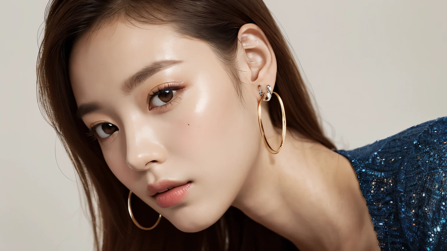 masterpiece, highest quality, alone, 1 girl, glowing skin, hoop earrings, glamorous, quirky details, smooth hair, fascinating, crop top, long pants, shallow depth of field, contrasting, professional model, facing the front, portrait