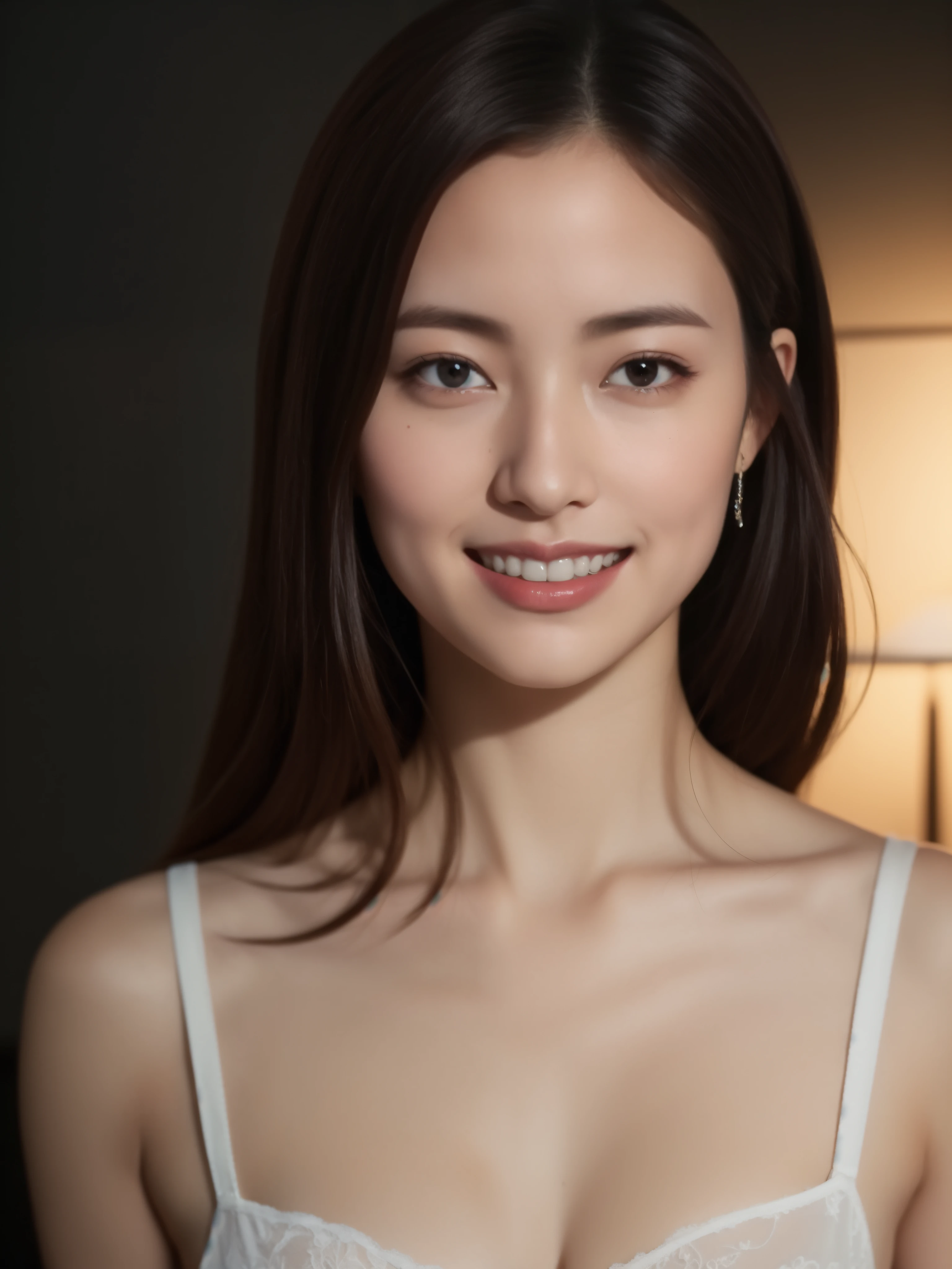 Beautiful 35 year old woman。she is wearing a satin camisole。Lace on the chest and hem.。She looks ecstatic as if she had an orgasm during sex..。her dark brown hair、、her hair is long。High resolution、masterpiece、highest quality、Head w:1.0、((Hasselblad Photos))、fine skin、fine knit、(movie lighting)、clavicle . she has her eyes closed、laughing.
