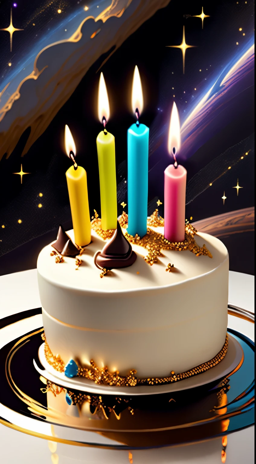 highest quality)), ((masterpiece)), (be familiar with), There are candles on the cake and it lights up　chocolate cake　birthday cake　background space　fantasy