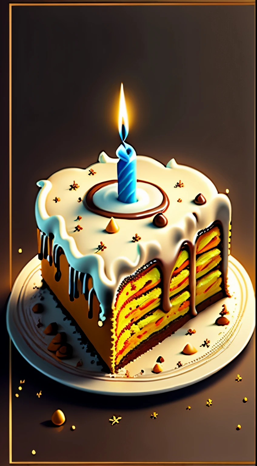 highest quality)), ((masterpiece)), (be familiar with), There are candles on the cake and it lights up chocolate cake birthday cake background space