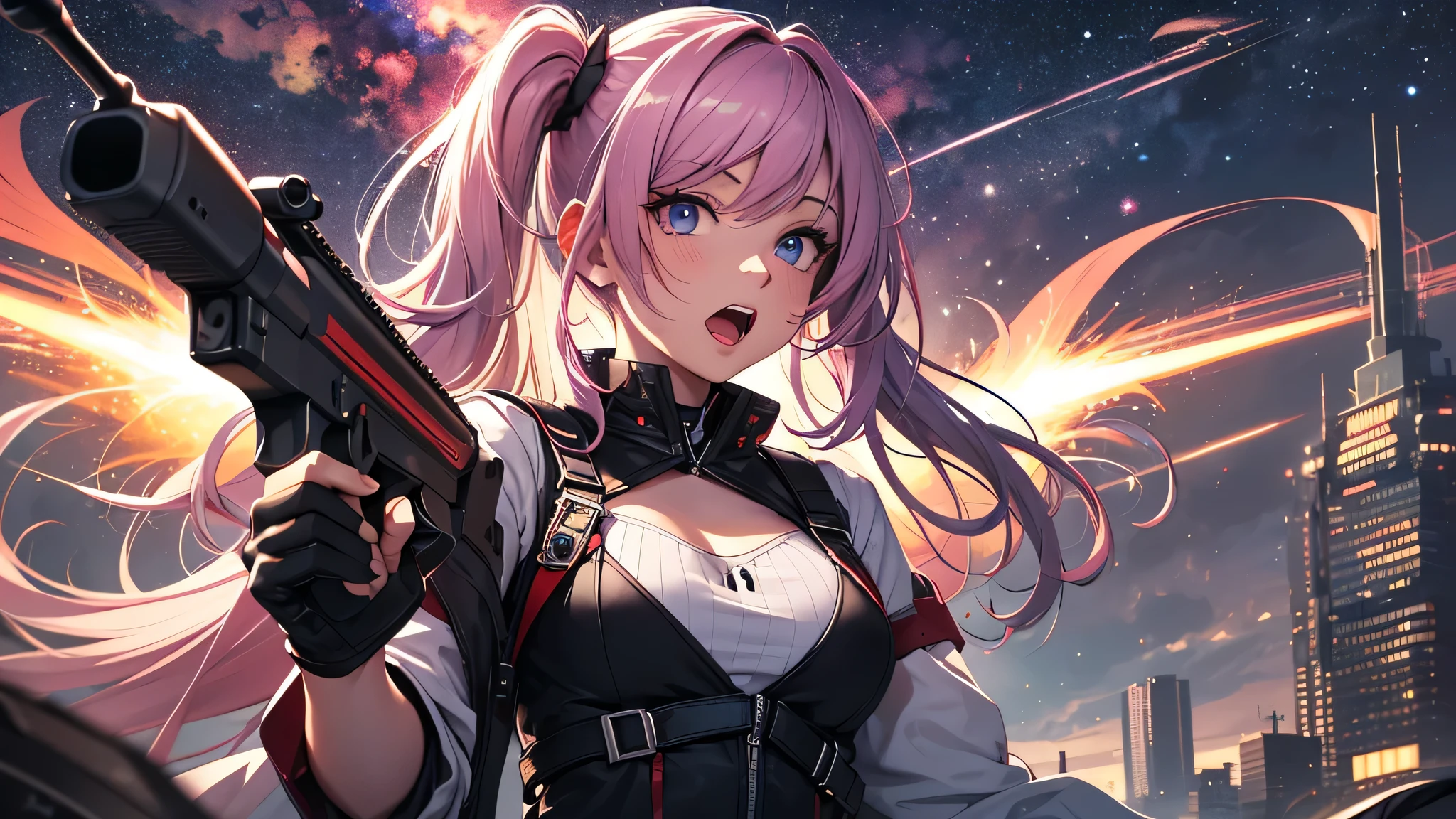 最high quality、best image quality、masterpiece、age girl((18-year-old、 By becoming、vest bust、medium bust,wide open breast tea、black eye, pink hAria、twin tails、thin,highest valley、red mechanic dress、Holds an assault rifle in the right hand、Glowing red wings,Aria、splatters、shooting pose、scream、holds a shotgun in left hand)),high quality、beautiful art、background((outer space、battlefield、splattersing beams、military base))瓦礫がsplatters、Depth of written boundary、movie、visual art、perfect art、8K,genuine
