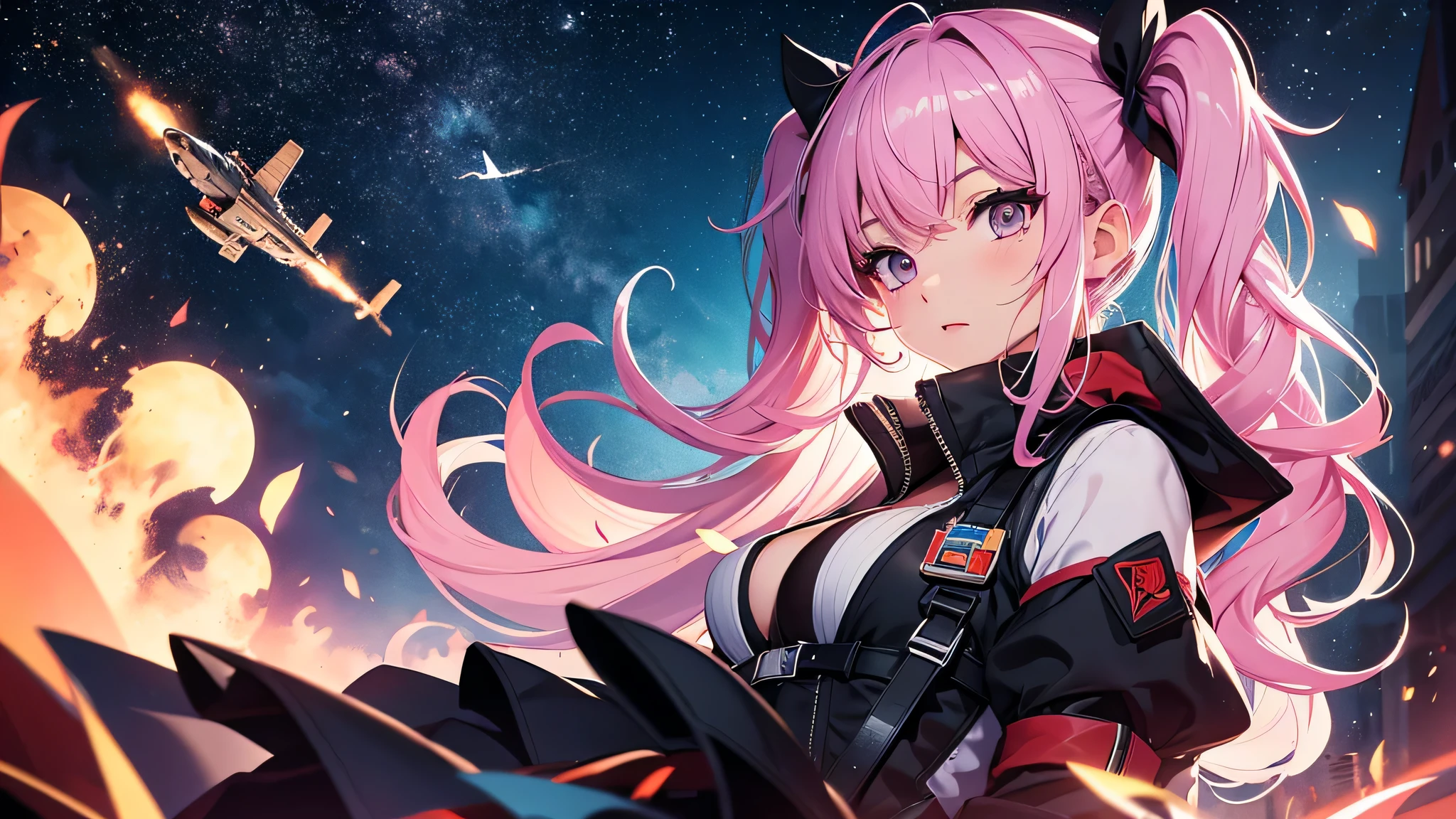 最high quality、best image quality、masterpiece、age girl((18-year-old、 By becoming、vest bust、medium bust,wide open breast tea、black eye, pink hAria、twin tails、thin,highest valley、red mechanic dress、Holds an assault rifle in the right hand、Glowing red wings,Aria、splatters、shooting pose、scream、holds a shotgun in left hand)),high quality、beautiful art、background((outer space、battlefield、splattersing beams、military base))瓦礫がsplatters、Depth of written boundary、movie、visual art、perfect art、8K,genuine