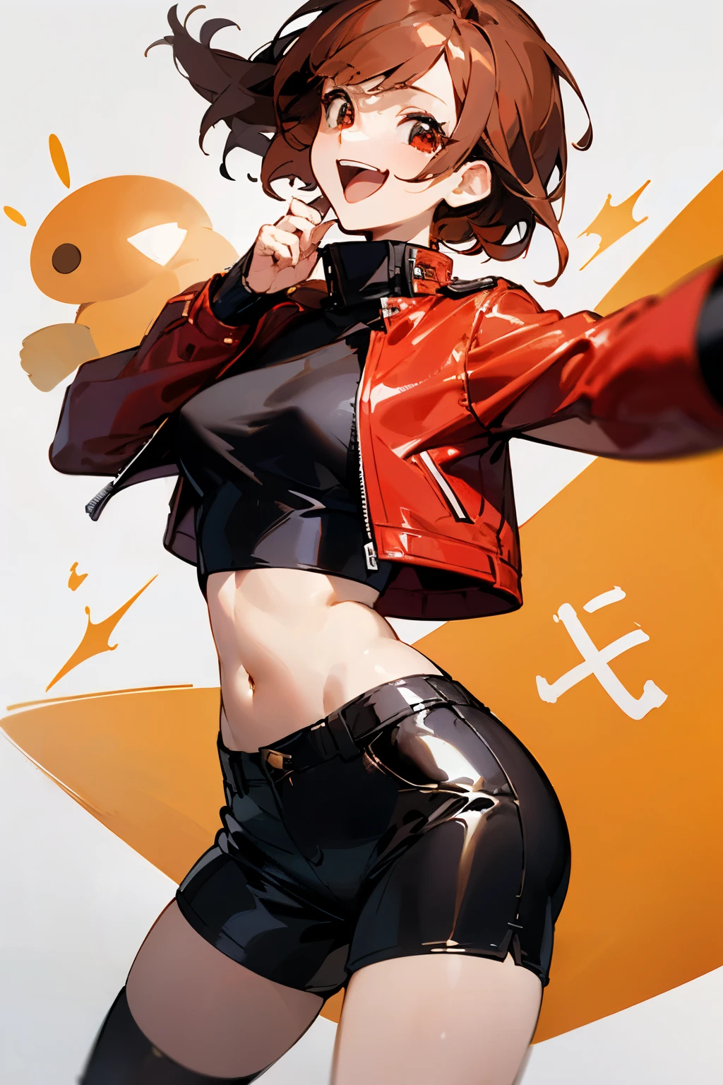"(独奏、burst out laughing、Woman in red leather jacket、Woman with red and brown hair cut short、Red-eyed woman、Black navel exposed turtleneck T-shirt、Black Hot Pants)"