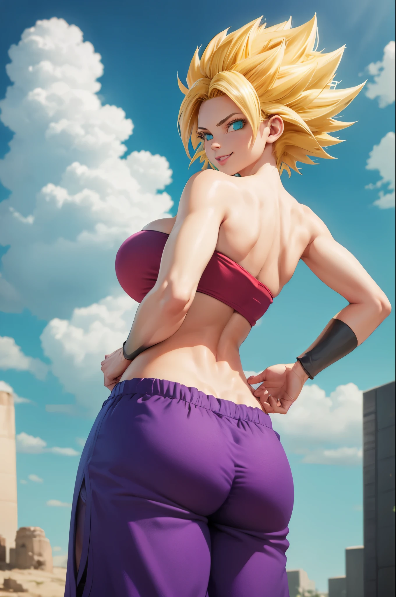 masterpiece, best quality,  ssjcaulifla, blonde hair, aqua eyes, tube top, purple pants, bracers, cowboy shot, looking at viewer, smile, furrowed brow, hands to hips, sky, clouds, big breasts, big ass