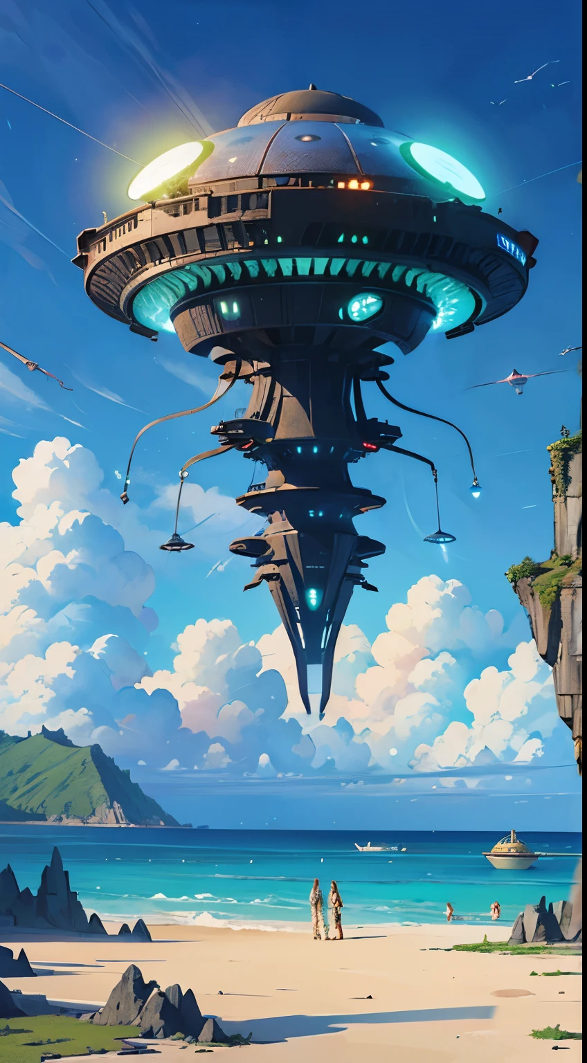 ((Alien spaceship landing on an island)),illustration,extraterrestrial ship,