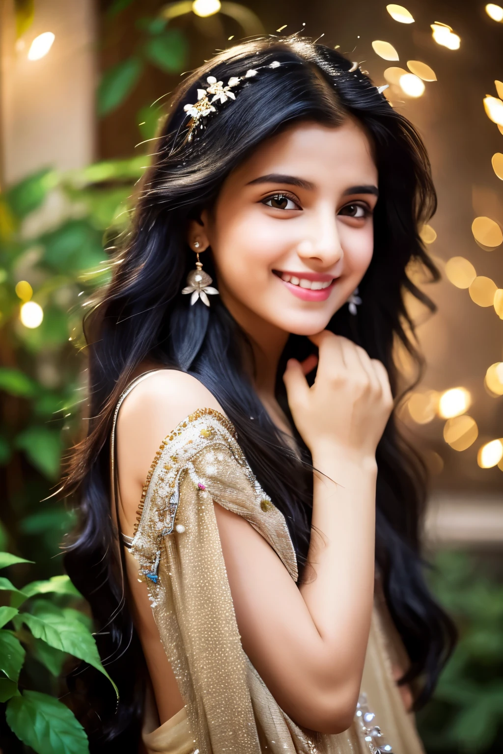 picture a charming young pakistani girl with sparkling black hairs cascading down her shoulders, adomed with a single jasmine flower tucked behind her ear. let her eyes with genuine warth as she flashes a contagious smile that lights up the scene.