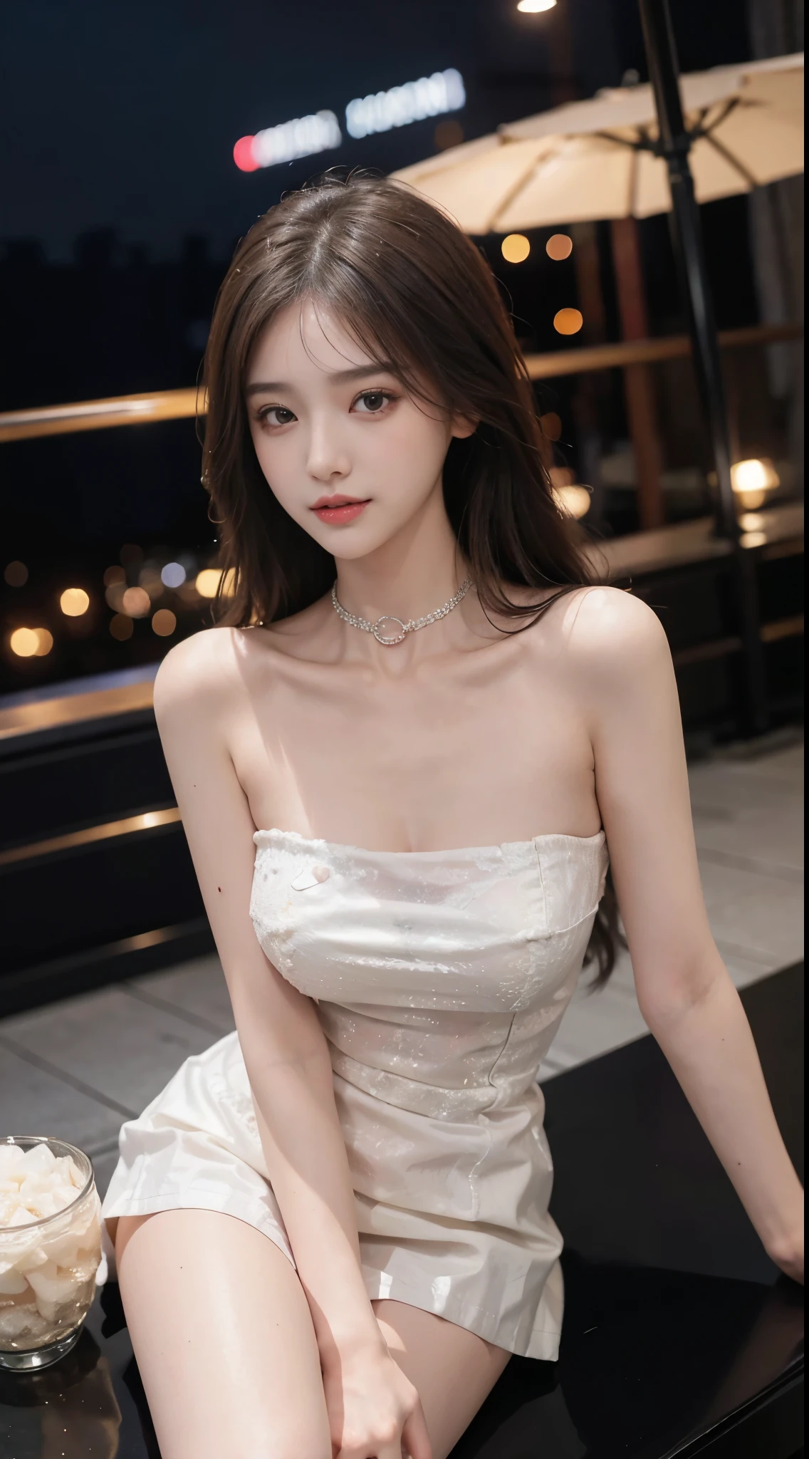 Sweet girl clothes4,strapless dress,jewelry, ((yushuxin,1girl,solo)), (knee shot),Prology: (8k、ultra high resolution、Top image quality、masterpiece:1.1)、(Endless realism、Realism:1.1)、Super detailed的、bloom、Bokeh自由度、electric light、brilliance、美丽细致的Eye睛、a smile、(Whole BodyEsbian:1.1), hair长度齐肩, 杏仁Eye(Eye)、straight nose bridge(nose)、(Fashion)、luxurious hotel(Pola) Brown shoulder-length hairstyle(hair)、(8k、ultra high resolution、top quality、masterpiece:1.1)、(Endless realism、Realism:1.1)、Super detailed、Bokeh、movie lighting、brilliance、black rangoli、original photo,Generate an image taken from a slightly farther distance from the subject Generate an image from an angle where the subject is not too far from the camera Generate an image with a background、Attract the subject Adjust the proportion and size of the subject、express emotions that appeal to certain features or facial expressions of the subject、emphasize tension、(medium breasts:0.2) top quality、ultra high resolution、(Realism:1.4)、slim、Facial details are more delicate、smooth skin、perfect anatomy、overlooking a city、night、professional lighting、Shopping mall rooftop café、sexy pose、porn pose