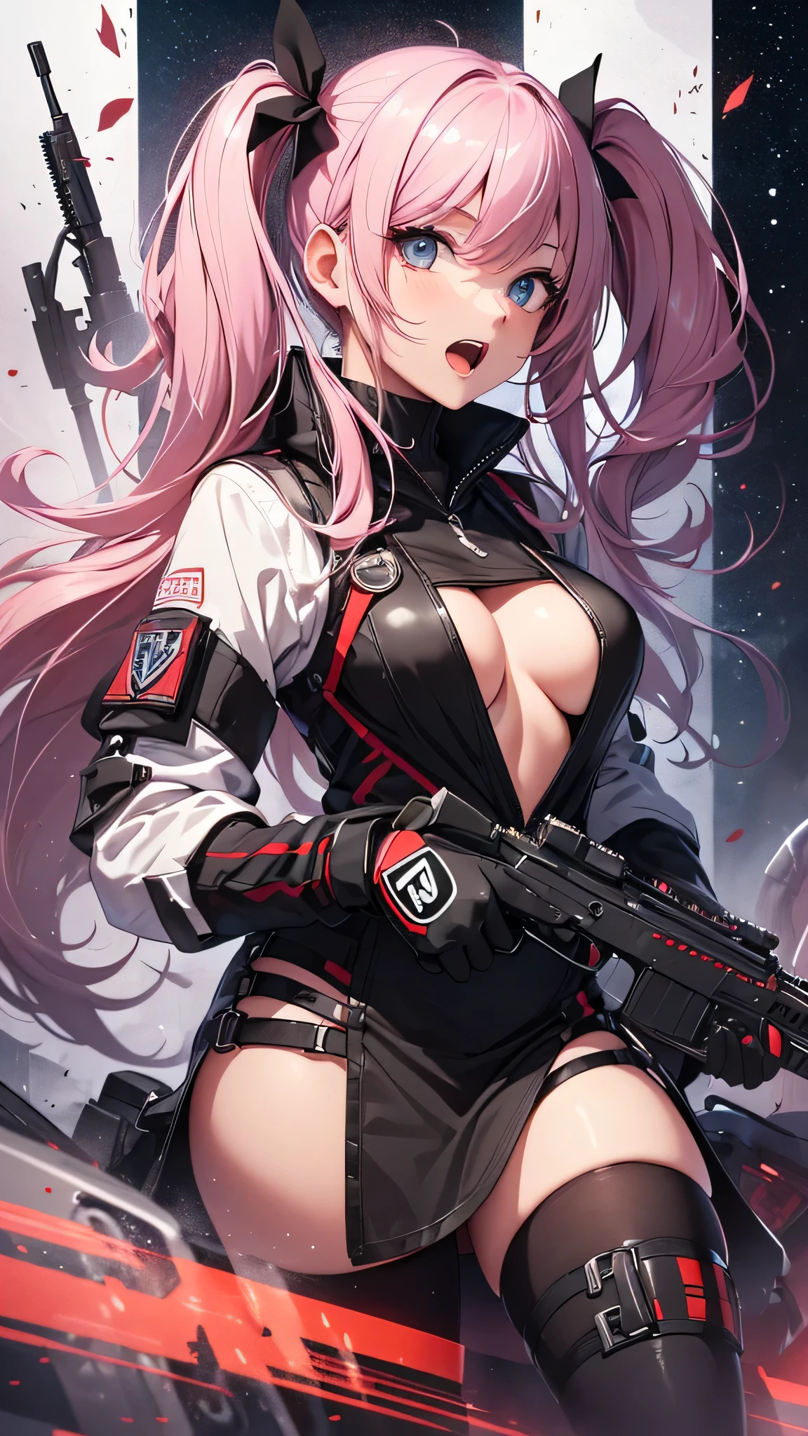 最high quality、best image quality、masterpiece、age girl((18-year-old、 By becoming、vest bust、medium bust,wide open breast tea、black eye, pink hAria、twin tails、thin,highest valley、red mechanic dress、Holds an assault rifle in the right hand、Glowing red wings,Aria、splatters、shooting pose、scream、holds a shotgun in left hand)),high quality、beautiful art、background((outer space、battlefield、splattersing beams、military base))瓦礫がsplatters、Depth of written boundary、movie、visual art、perfect art、8K,genuine