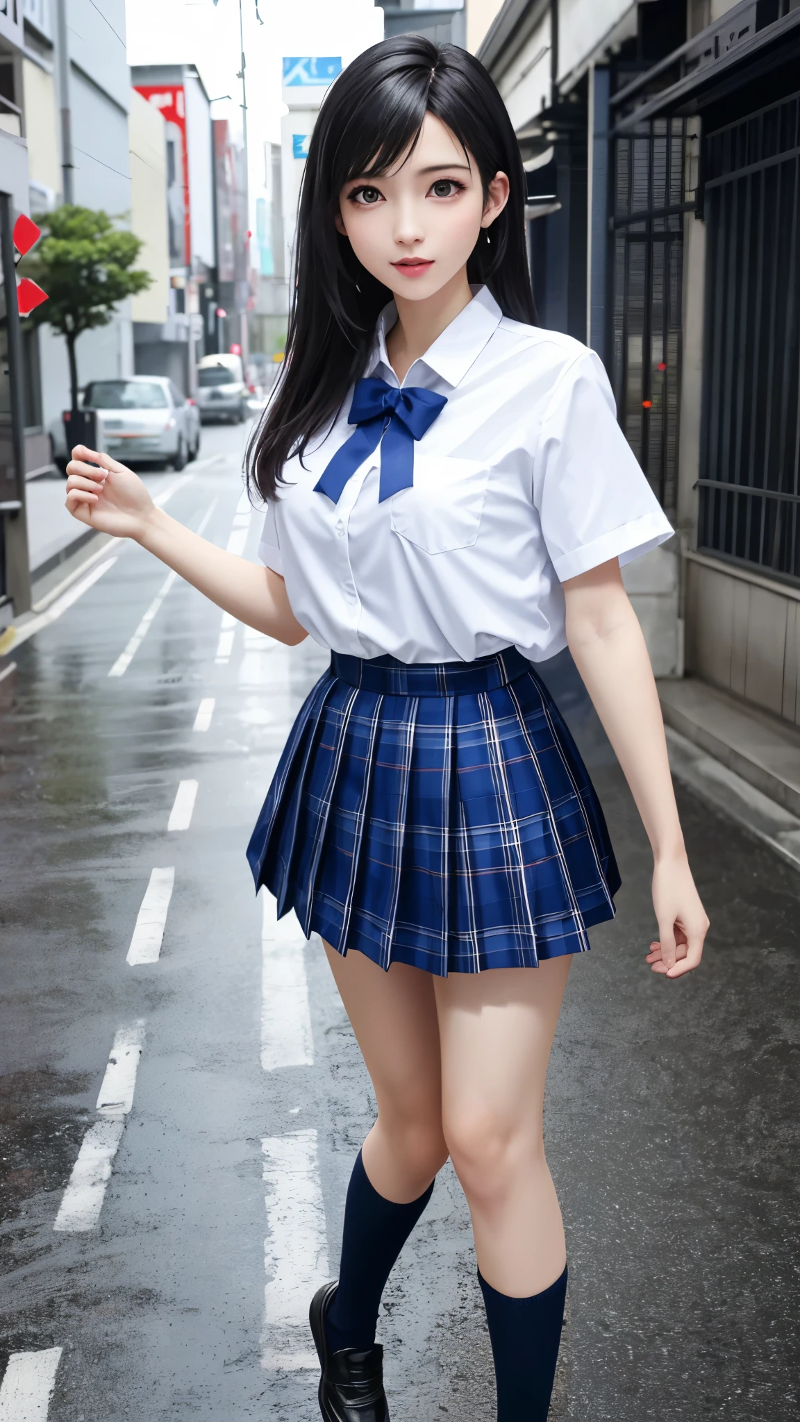 (top quality, masutepiece: 1.1), (Realistic: 1.3), (photoRealistic: 1.3),wallpapers, BREAK (((FF7,Tifa_lockhart))),behind view:1.3,(((Japan jk uniform,White short-sleeved shirt,Navy Blue Plaid Pleated mini-Skirt,Dark blue short socks,loafers))),(background big city,shibuya:1.1,hard rain:1.3,neon:1.2),(gravure pose:1.3,nogizaka idol),Ultra-detailed face, Detailed eyes,Red eyes, BREAK (((FF7,Tifa_lockhart))),(black brown hair, Large breasts: 1.2), BREAK , About 18 years old,kawaii,(calf focus:1.2,back hair:1.2),sensual,zettai_ryouiki:1.1,looking at viewer,Beautiful legs,walking,full body,wet body:1.3
