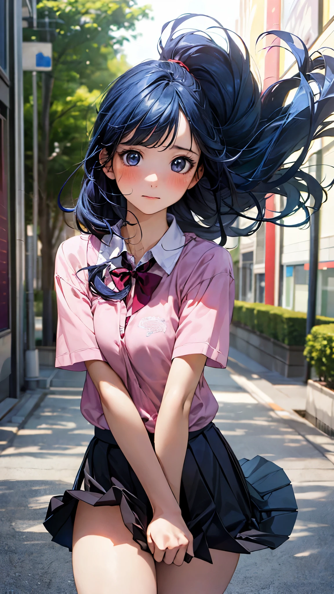 (masterpiece:1.2, top-quality), (realistic, photorealistic:1.4), beautiful illustration, (natural side lighting, movie lighting), ,
(looking at viewer), 1 girl, japanese, high school girl, perfect face, cute and symmetrical face, shiny skin, ,
(long hair, straight hair, blue hair), swept bangs, light blue eyes, drooping eyes, long eye lasher, (large breasts:0.6), five fingers,
beautiful hair, beautiful face, beautiful detailed eyes, beautiful clavicle, beautiful body, beautiful chest, beautiful thighs, beautiful legs,
((symmetrical clothing, pink collared shirts, black pleated skirt)), red bow tie, navy socks,
(beautiful scenery), day time, shopping mall, (facing the front), (impatient expression, blushing cheeks, embarassed expression), (((the skirt is rolled up by the wind))),