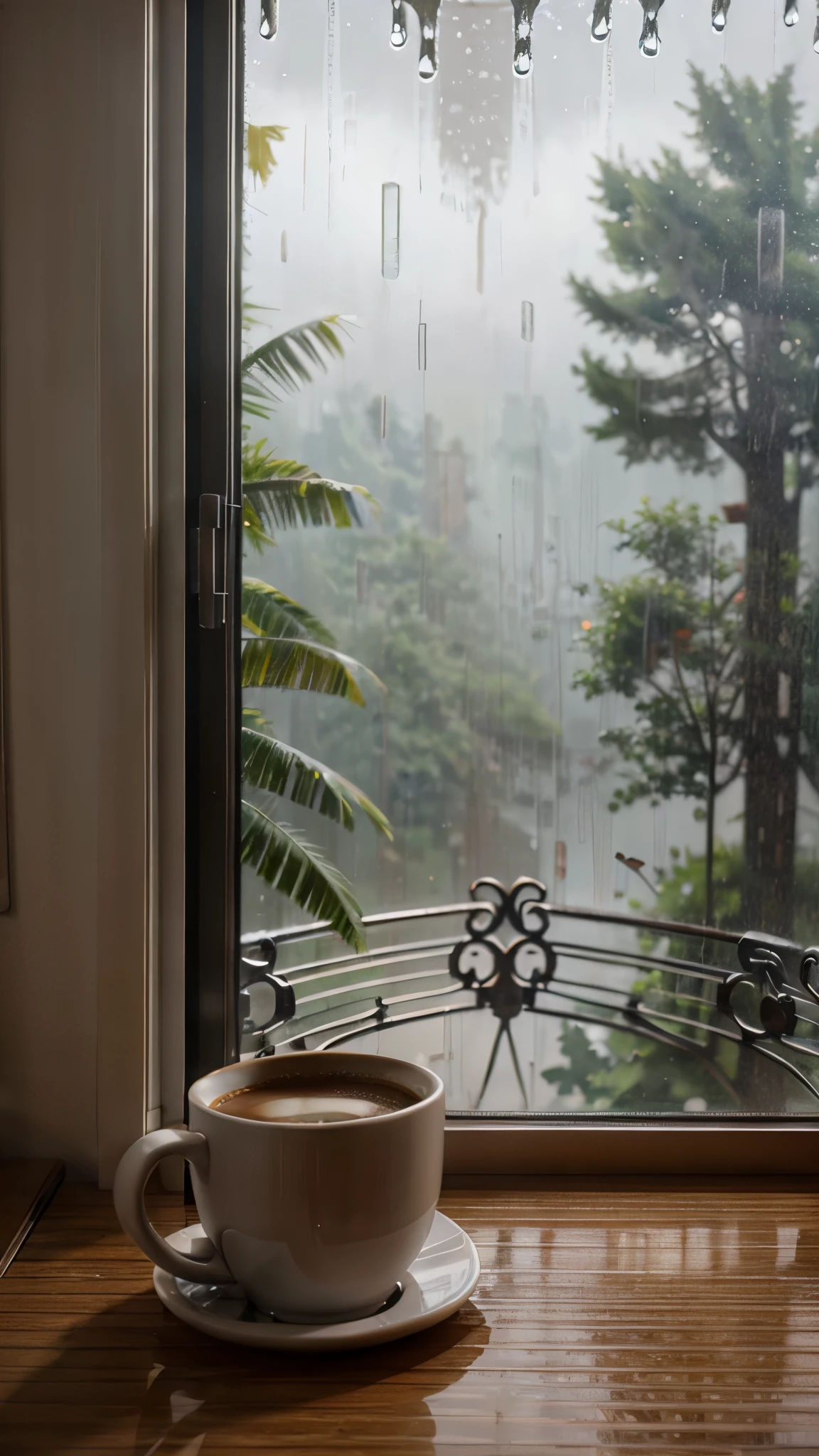 Breathtaking view of rainfall through a window with a cup of hot coffee and camera on window. 4k ultra hd. Real
