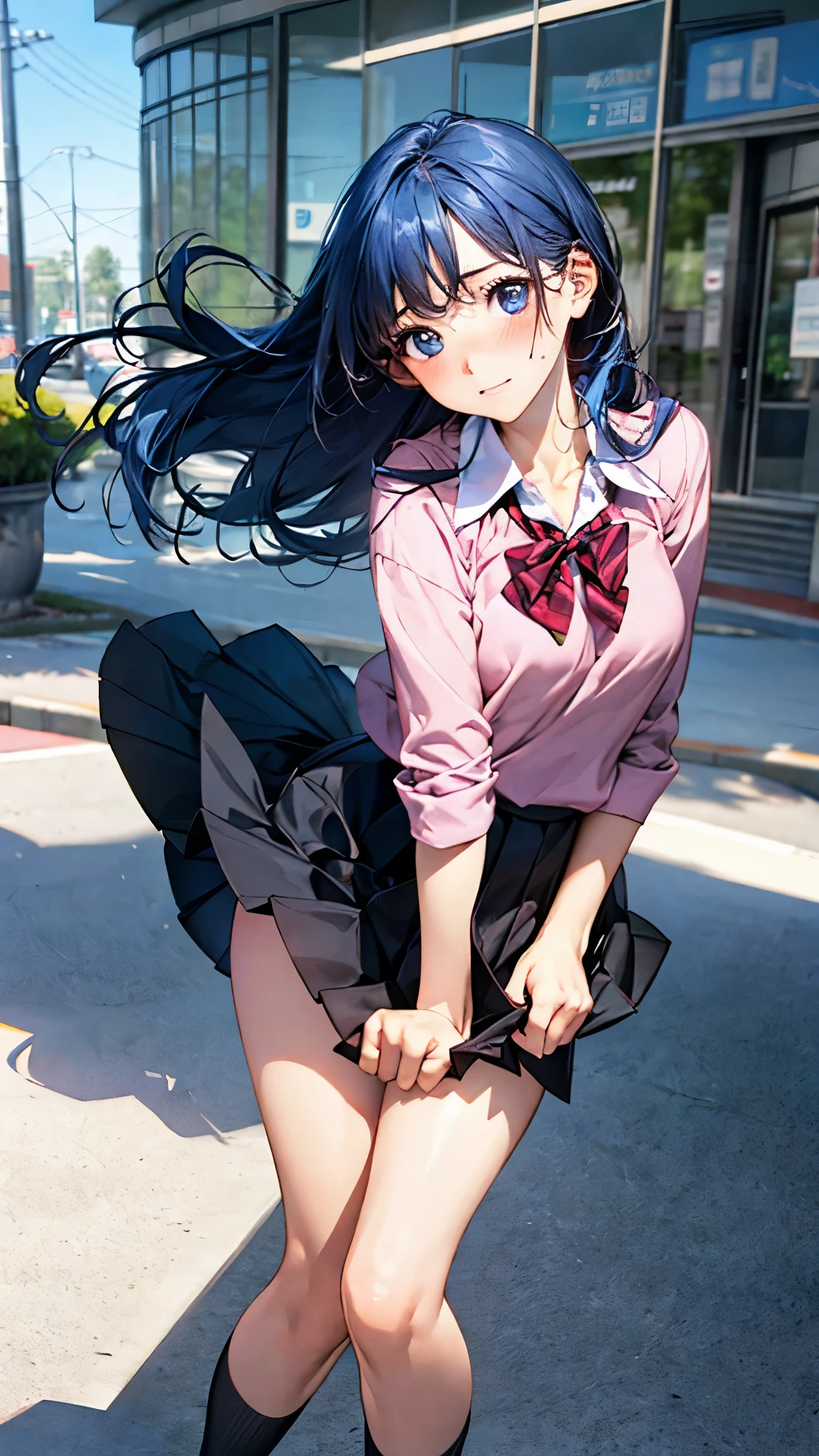 (masterpiece:1.2, top-quality), (realistic, photorealistic:1.4), beautiful illustration, (natural side lighting, movie lighting), ,
(looking at viewer), 1 girl, japanese, high school girl, perfect face, cute and symmetrical face, shiny skin, ,
(long hair, straight hair, blue hair), swept bangs, light blue eyes, drooping eyes, long eye lasher, (large breasts:0.6), five fingers,
beautiful hair, beautiful face, beautiful detailed eyes, beautiful clavicle, beautiful body, beautiful chest, beautiful thighs, beautiful legs,
((symmetrical clothing, pink collared shirts, black pleated skirt)), red bow tie, navy socks,
(beautiful scenery), day time, shopping mall, (facing the front), (impatient expression, blushing cheeks, embarassed expression), (((the skirt is rolled up by the wind))),