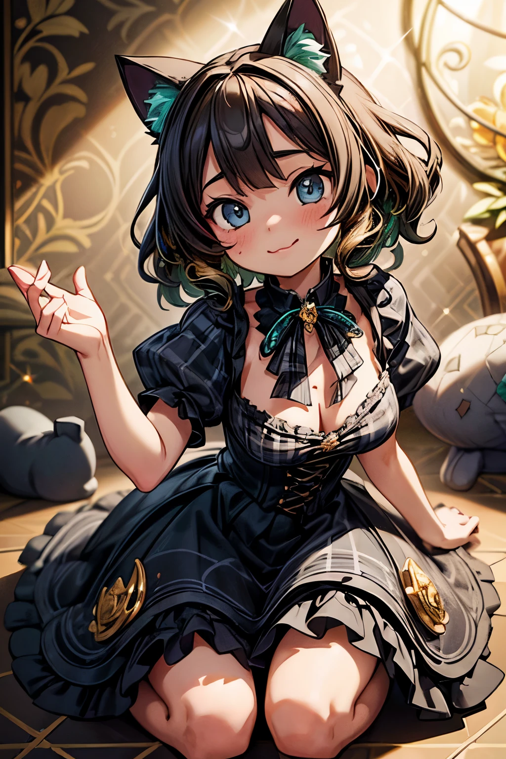 ((Masterpiece)), (High Definition:1.3), (Professional Photography:1.2), (wavy mouth:1.3), cute teenage girl, messy short hair, put on cat ears, ((hand Reach out to the front)), (Seductive face), kneeling, (Gingham Check Pattern Background:1.3), 1 Girl, 9 Figures, Looking at the Viewer, Smiling, Diamond Sparkle, Colorful Decoration, Grains of Light Dancing, Detailed Gothic Style (Maximalism: 1.5), Diffused Lighting, (Depth of Field), Gothic Lolita, diffuse reflection of light,