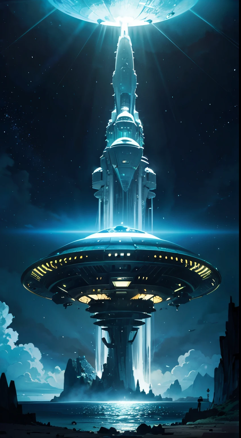 ((Alien spaceship landing on an island)),illustration,extraterrestrial ship, riffs, ((from below)),
