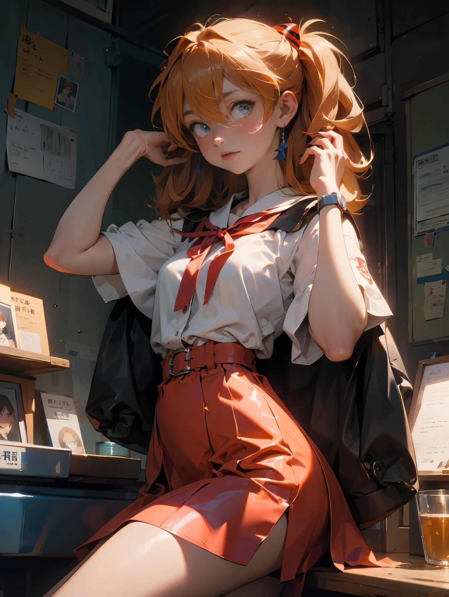 Asuka Langley Soryu，Blue eyes，hair between eyes，headware，Interface headset，Orange hair，Red ribbon、Ribbons、shcool uniform、skirts、Slip dress、Slip dress、Tokyo No. 3 Junior High School uniform、album artwork，Storytelling images