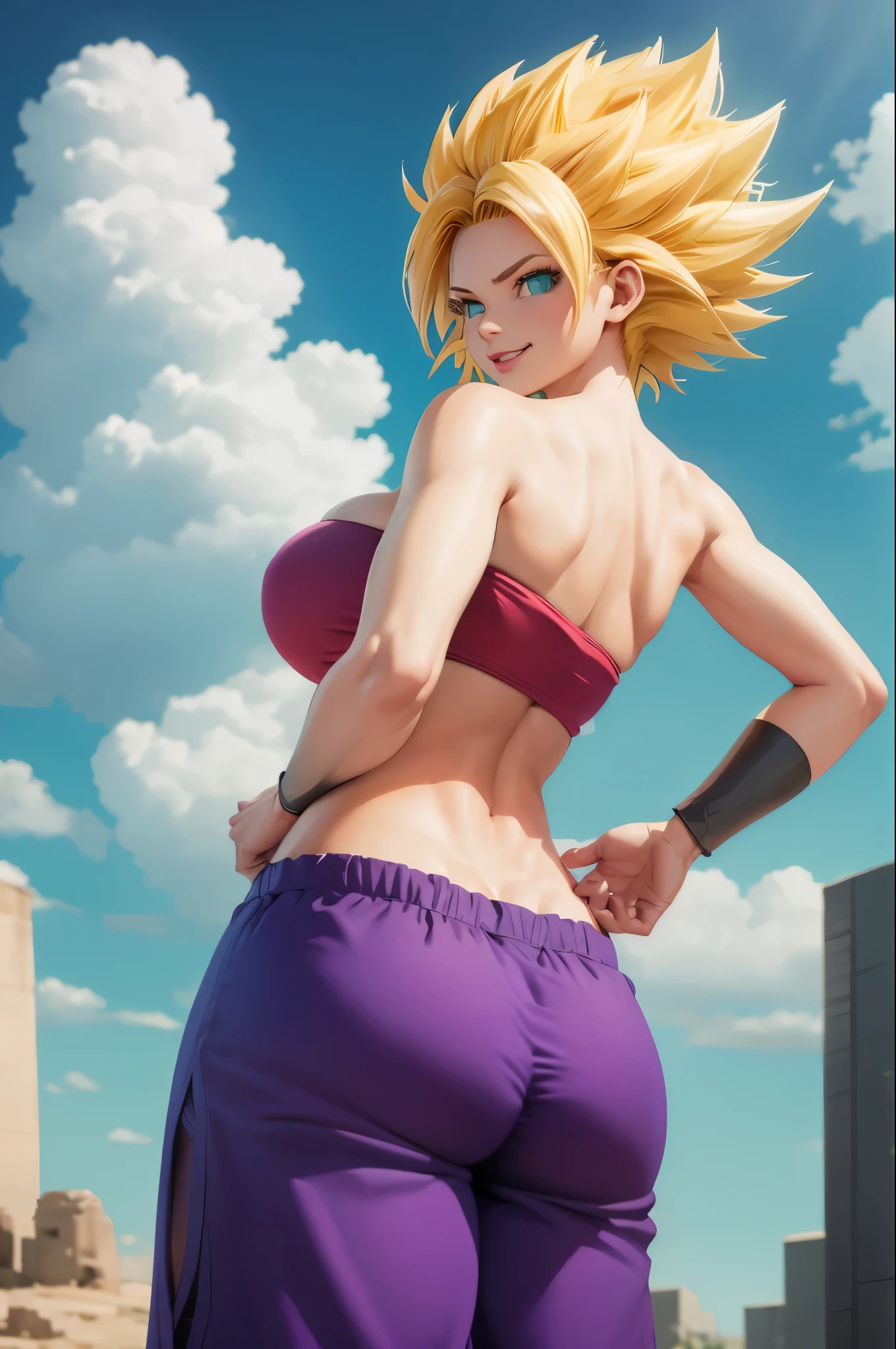 masterpiece, best quality,  ssjcaulifla, blonde hair, aqua eyes, tube top, purple pants, bracers, cowboy shot, looking at viewer, smile, furrowed brow, hands to hips, sky, clouds, big breasts, big asa 