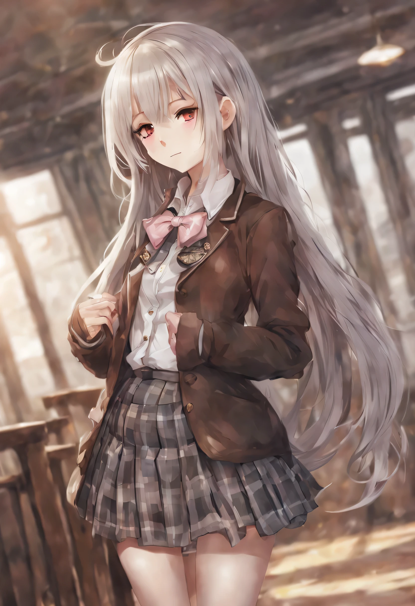 
(masterpiece, best quality:1.2), 1girl, solo, Anime, Anime art, White long starlight hair, dark brown jacket, white collar, ((short grey plaid skirt)), pink bow ,dynamic pose, Gold buttons, pockets on the sides of the jacket, Long bare legs, grey stockings, brown shoes, (long starlight hair), (sad face: 1.2), straight haircut