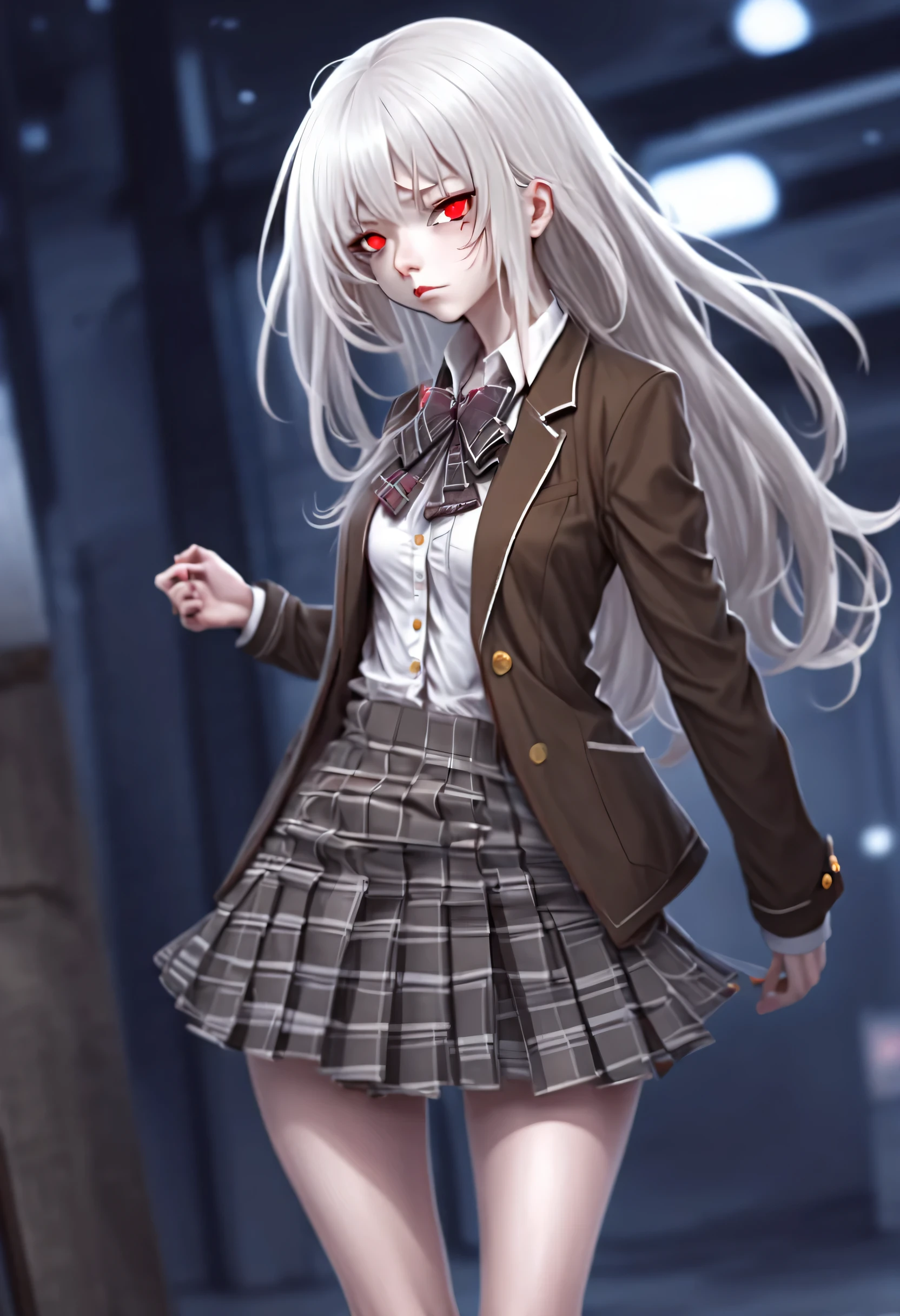 
(masterpiece, best quality:1.2), 1girl, solo, Anime, Anime art, red eyes, albino, White long starlight hair, dark brown jacket, white collar, ((short grey plaid skirt)), pink bow ,dynamic pose, Gold buttons, pockets on the sides of the jacket, Long bare legs, grey stockings, brown shoes, (long starlight hair), (sad face: 1.2), straight haircut