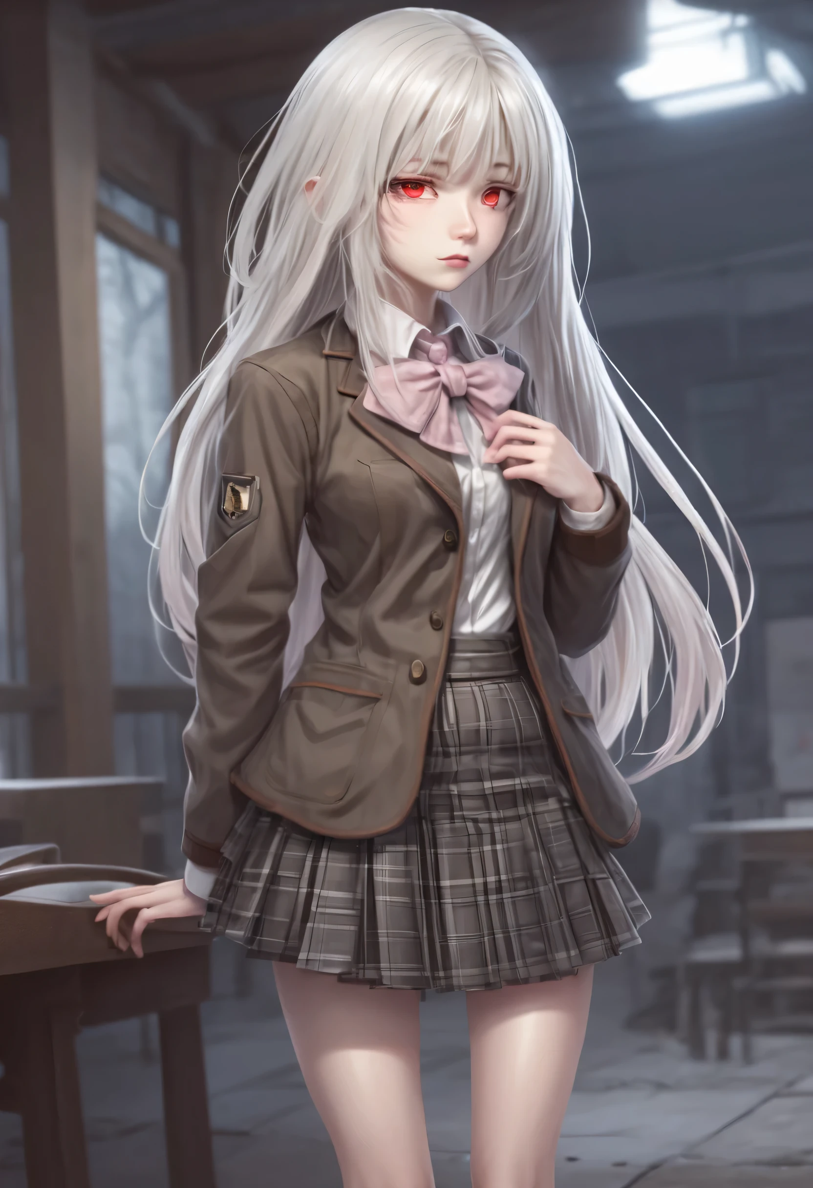 
(masterpiece, best quality:1.2), 1girl, solo, Anime, Anime art, red eyes, albino, White long starlight hair, dark brown jacket, white collar, ((short grey plaid skirt)), pink bow ,dynamic pose, Gold buttons, pockets on the sides of the jacket, Long bare legs, grey stockings, brown shoes, (long starlight hair), (sad face: 1.2), straight haircut