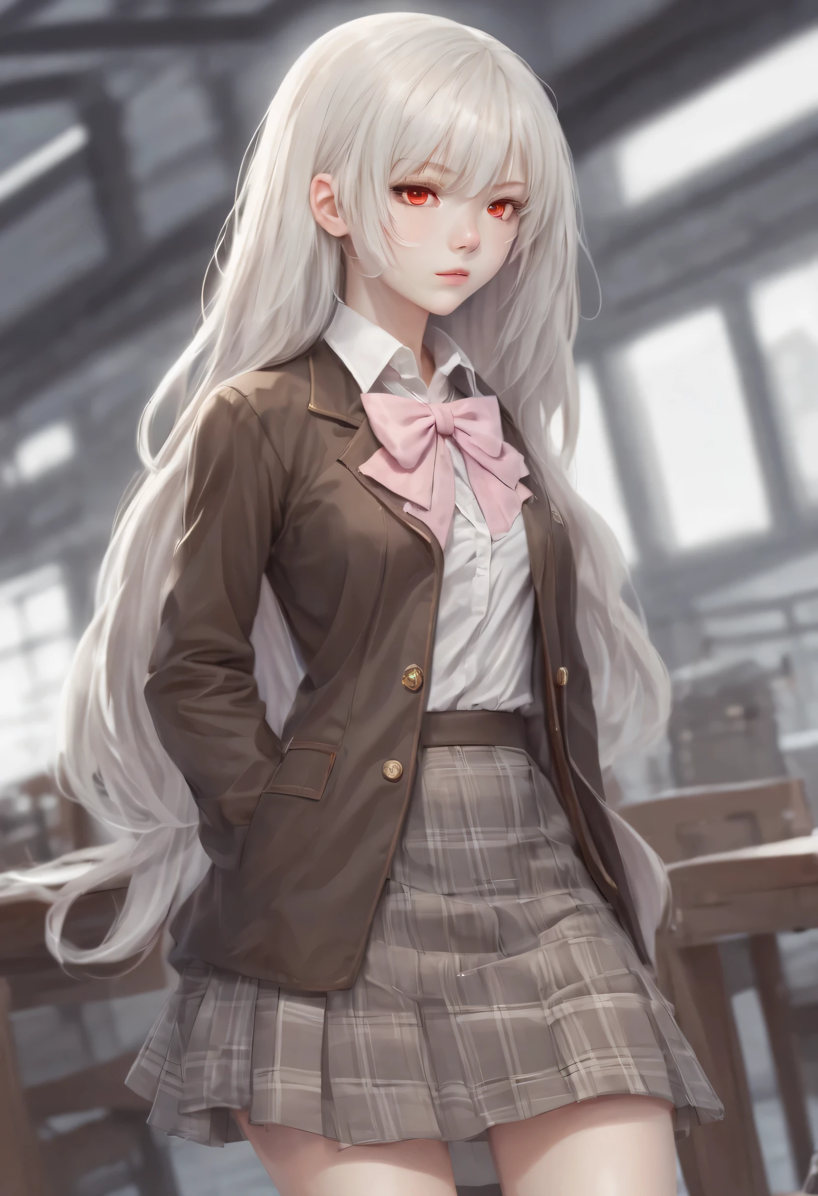 
(masterpiece, best quality:1.2), 1girl, solo, Anime, Anime art, red eyes, albino, White long starlight hair, (dark brown jacket), white collar, ((short grey plaid skirt)), pink bow ,dynamic pose, Gold buttons, pockets on the sides of the jacket, Long bare legs, grey stockings, brown shoes, (long starlight hair), straight haircut