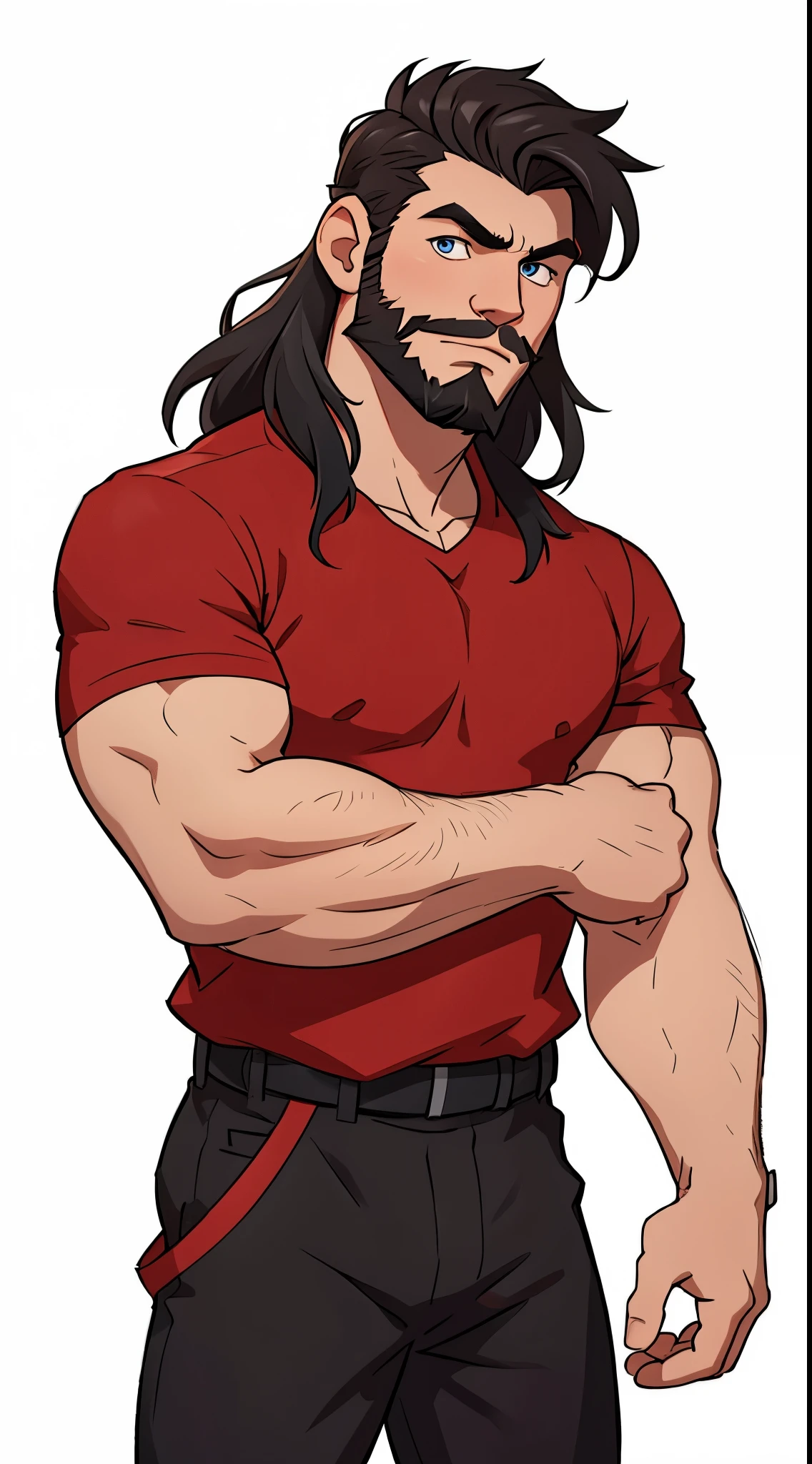 1 caucasian Man solo, solo.he has a short black beard and he has black flowing hair. red shirt. White background