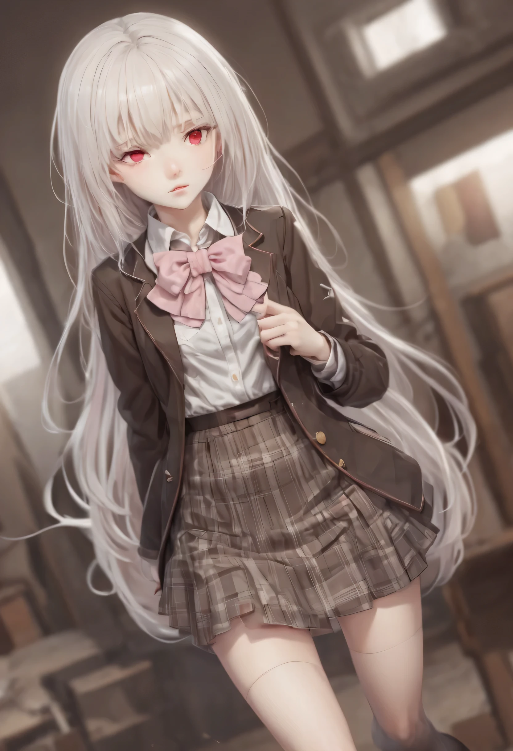 
(masterpiece, best quality:1.2), 1girl, solo, Anime, Anime art, red eyes, albino, White long starlight hair, (dark brown jacket), white collar, ((short grey plaid skirt)), pink bow ,dynamic pose, Gold buttons, pockets on the sides of the jacket, Long bare legs, grey stockings, brown shoes, (long starlight hair), straight haircut